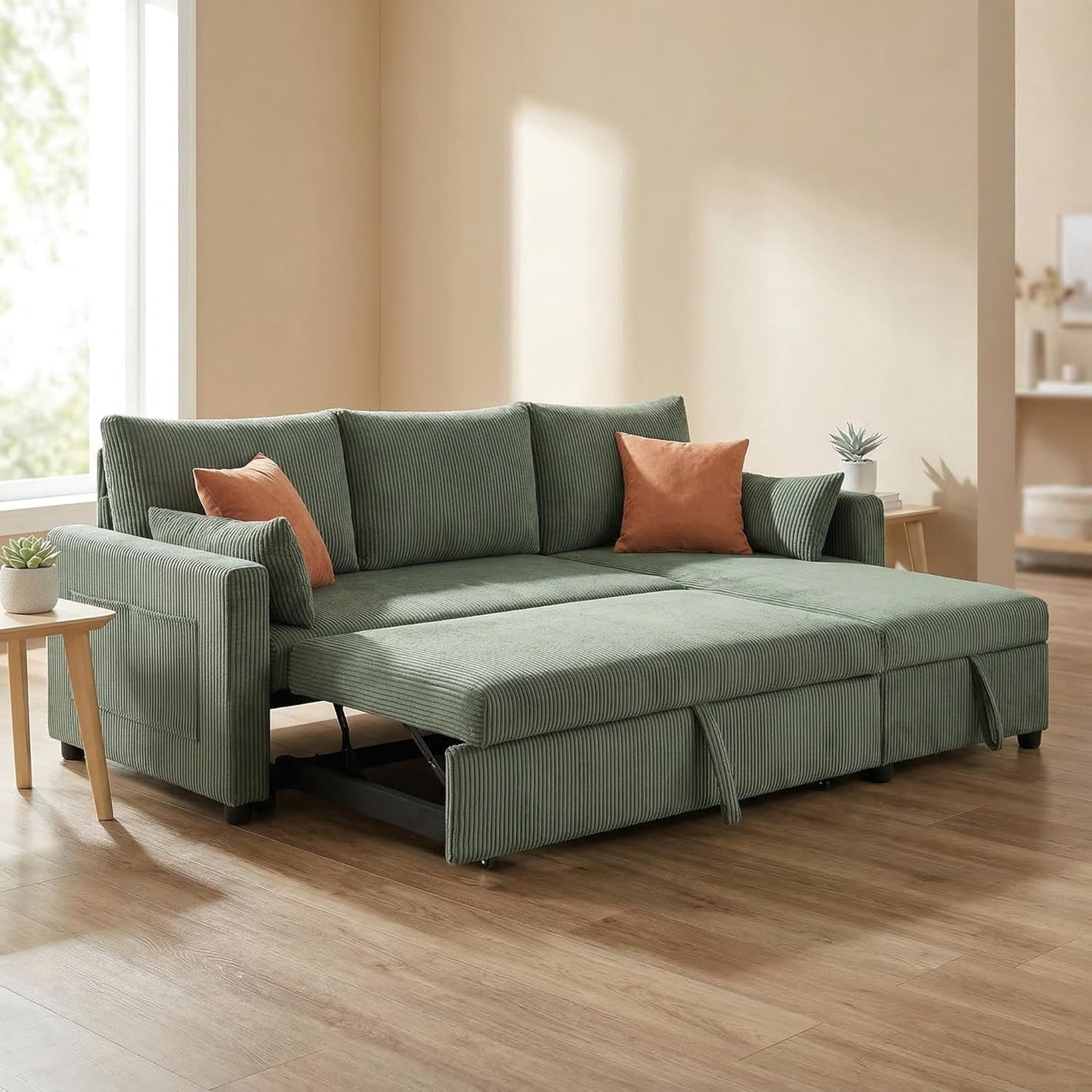 Trygoal Queen Sleeper Sofa, Convertible Sofa Bed with Storage, 85 Inch Sectional Couch with Pull Out Bed, L Shaped 3 Seat Sectional Sleeper Sofa for Living Room, Apartment, Green