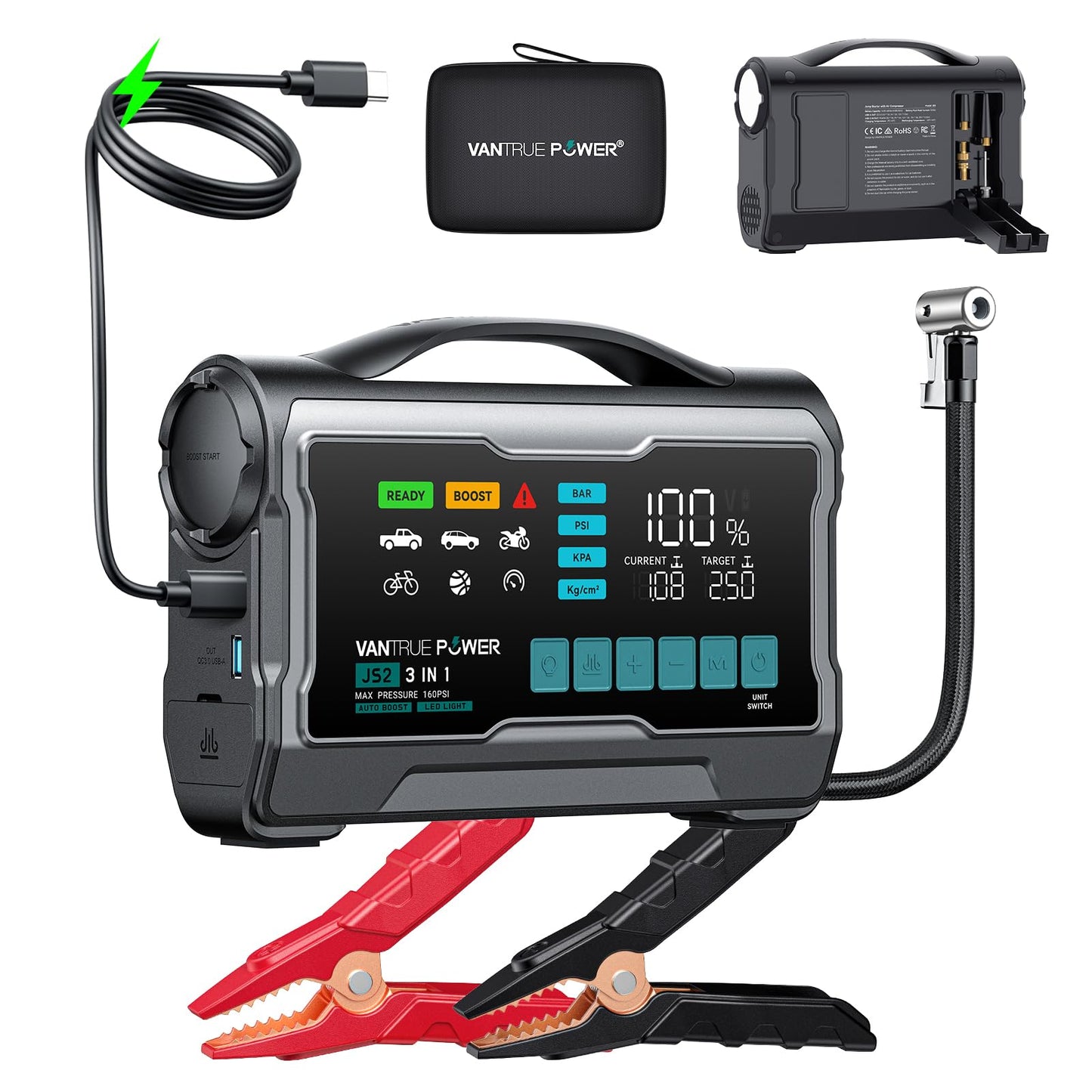VANTRUE POWER JS2 2500A Jump Starter with 160PSI Air Compressor, 12V Car Battery Booster with Display, Support 65W Charging Power Bank, Nozzles Storage Compartment- for 8L Gas/7L Diesel Engines