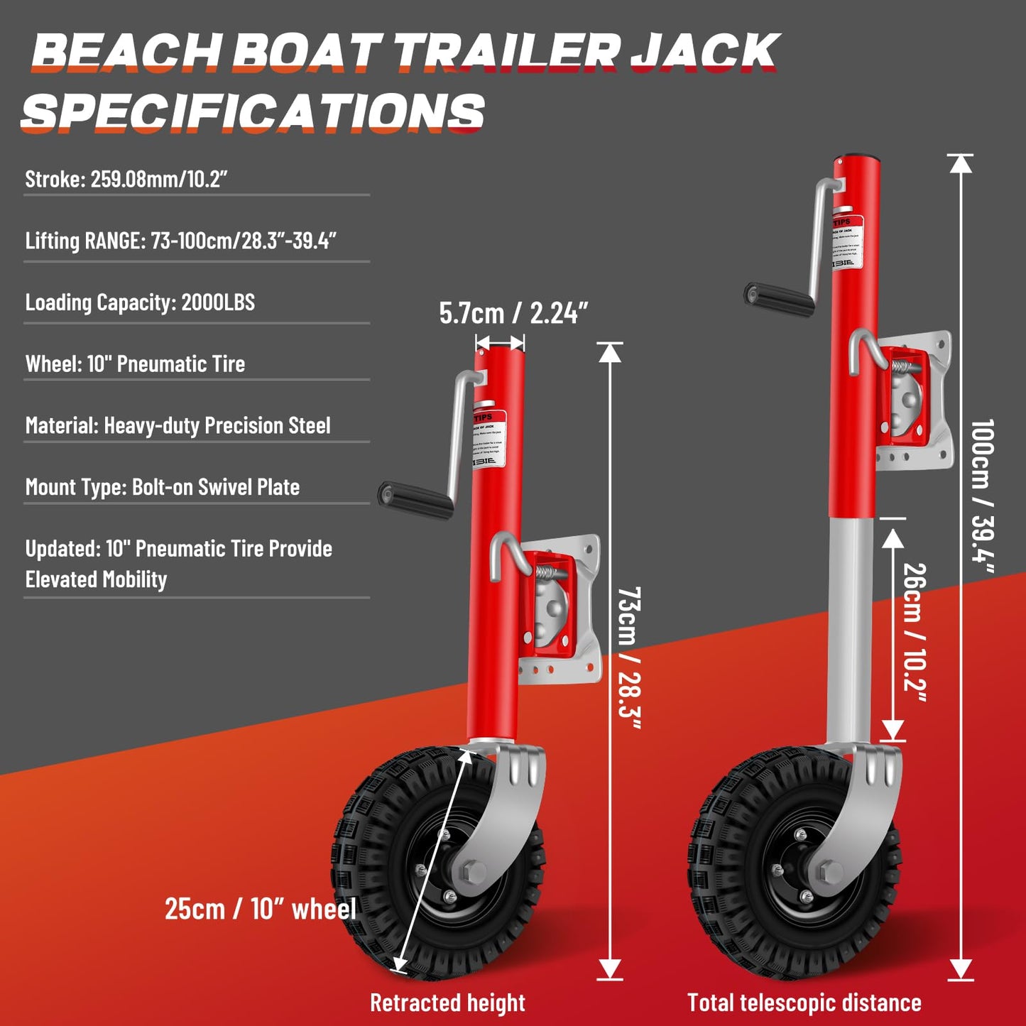 Beach Boat Trailer Jack for 10" Wheel Heavy Duty for 2000 lbs Capacity - 10.2" Lift-RV Boat Trailer Bolt-On Swivel Tongue Jack
