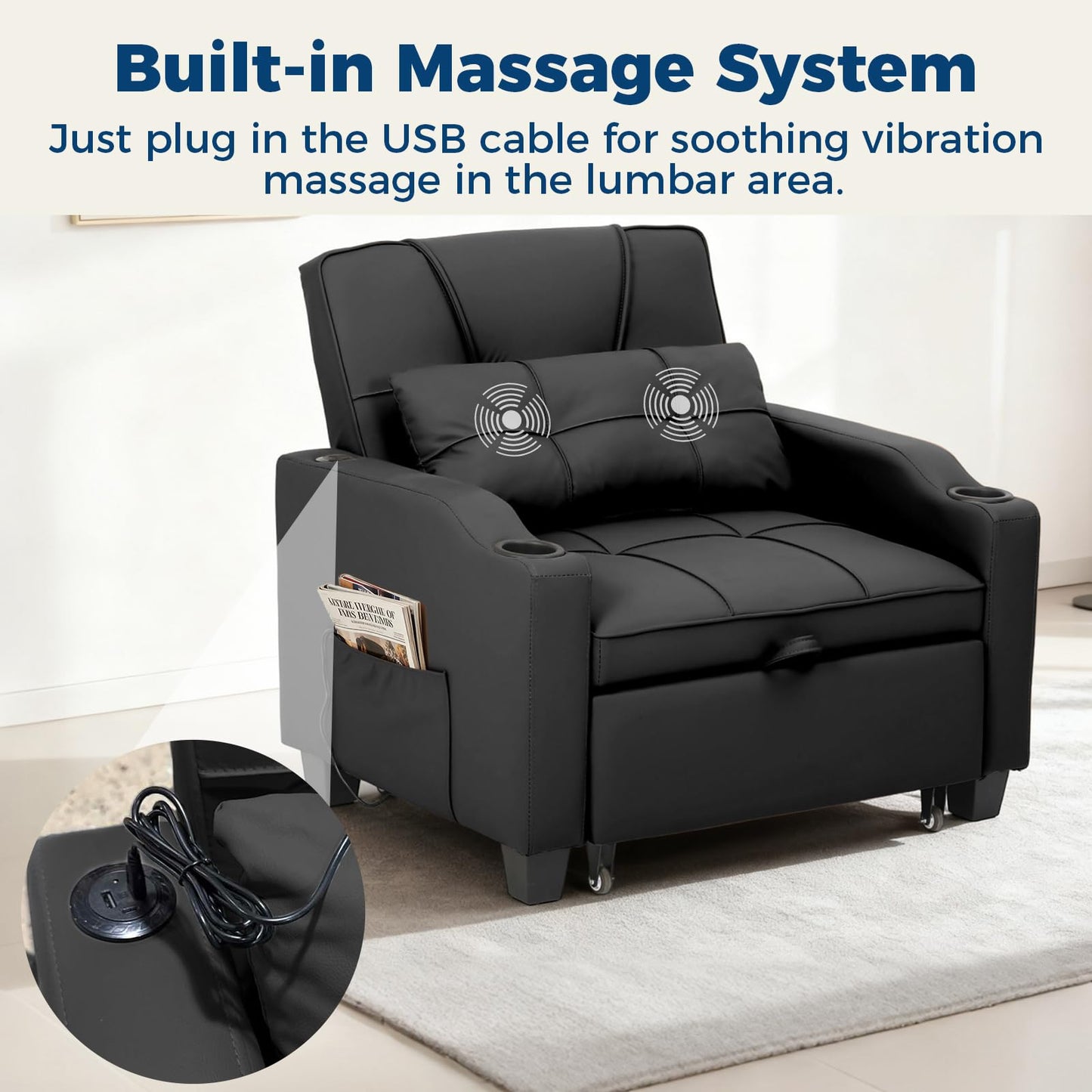4 in 1 Convertible Sleeper Chair Bed with Vibration Massage Lumbar Pillow, Single Sofa Recliner Featuring USB/Type-C Port, Cup Holders & Side Pocket, Space-Saving Pull Out Bed for Small Spaces, Black