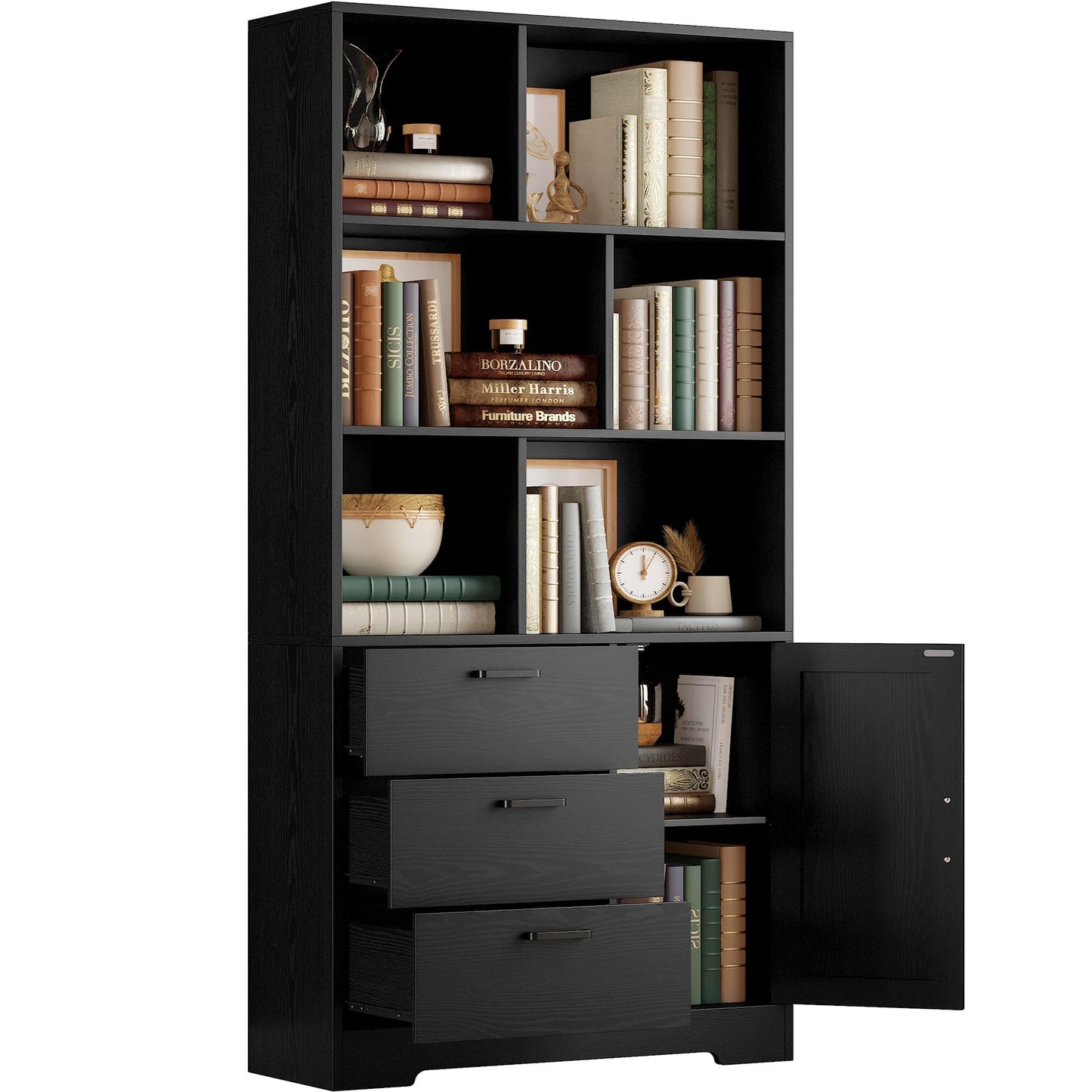 IRONCK Bookshelf, 70.9 Inch Tall Bookcase, Black Book Shelf with Doors and 3 Drawers, 3-Tier Bookshelves with 6 Open Cubes for Home Office, Living Room, Study