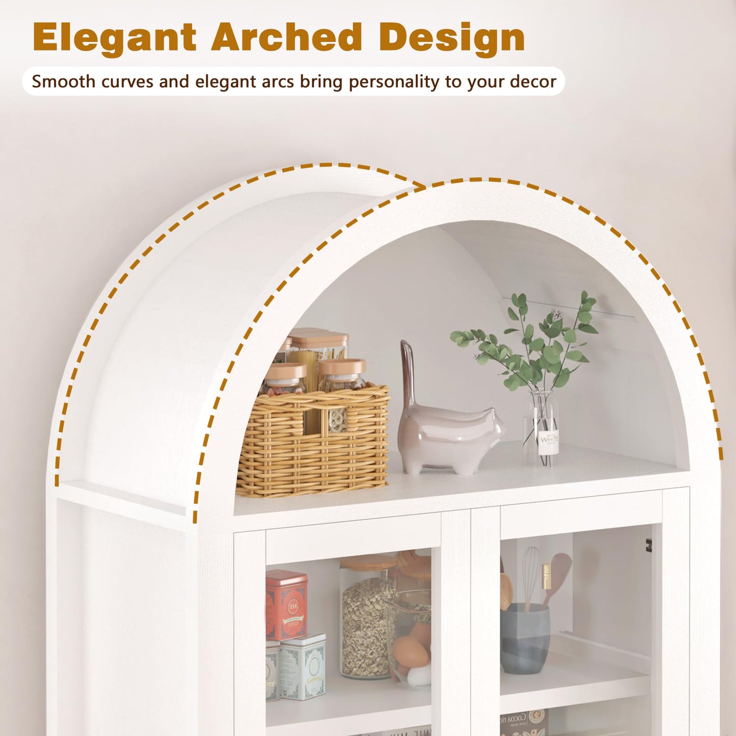 KEIKI 71" Tall Arched Kitchen Pantry Cabinet with Glass Door,Hidden Drawer,Farmhouse Storage with Adjustable Shelves Design for Kitchen,Living & Dining Room