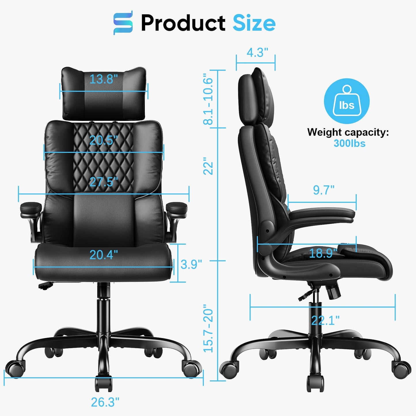 Sytas Ergonomic Office Chair with Adjustable Headrest, Executive Leather Desk Chair with Upgraded Lumbar Support for Lower Back Pain Relief, Thickened Backrest Computer Chair for Home Office, Black