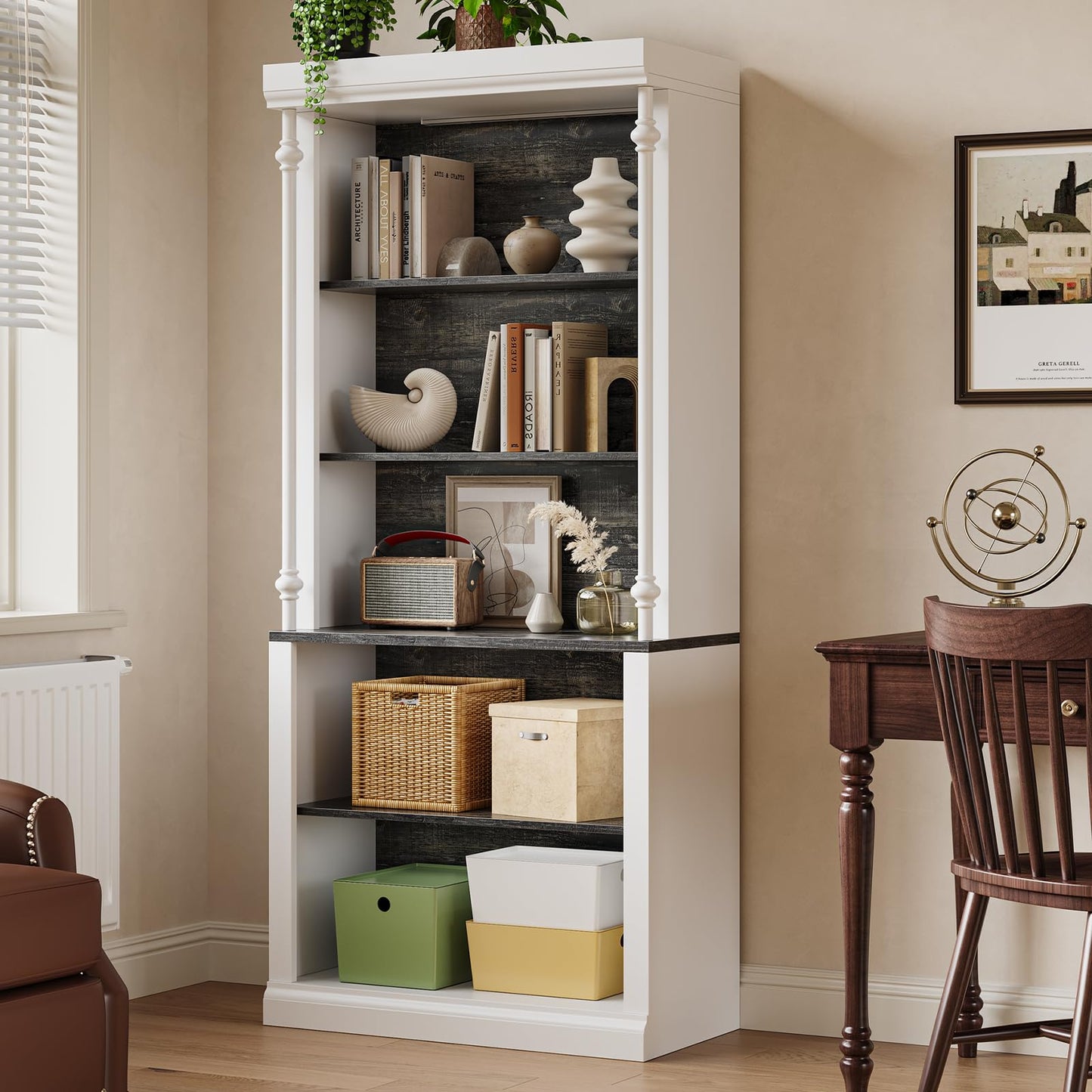 IDEALHOUSE 5-Tier Bookshelf with LED Lights, Adjustable Shelves, Roman Column Display Bookcase for Living Room, Bedroom, White