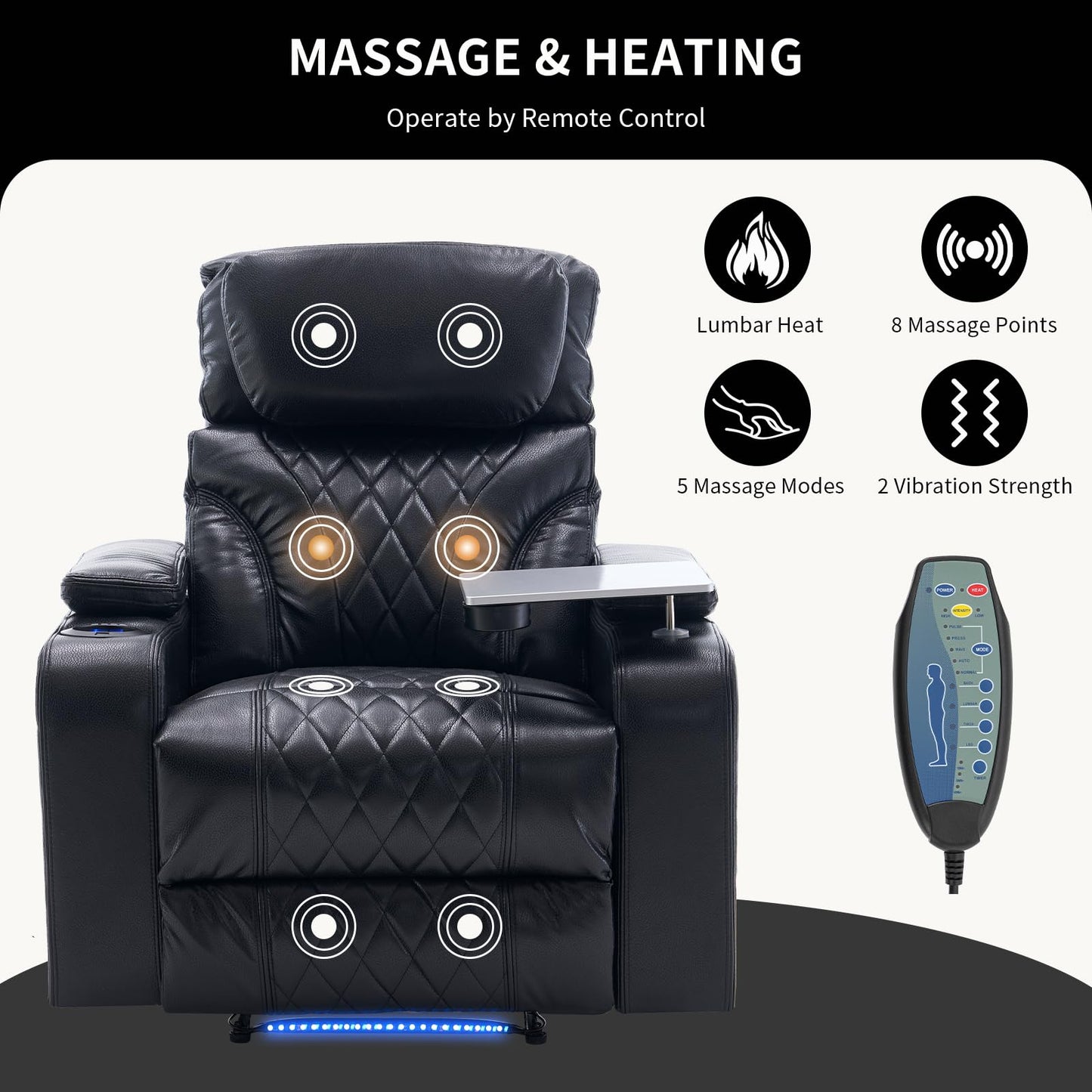 Zuacs Home Theater Seating, Power Recliner with Cooling Cup Holder & Heating Massage, Electric Recliner Chair with Tray Table, USB Charging, Manual Headrest for Living Room,Matte Black