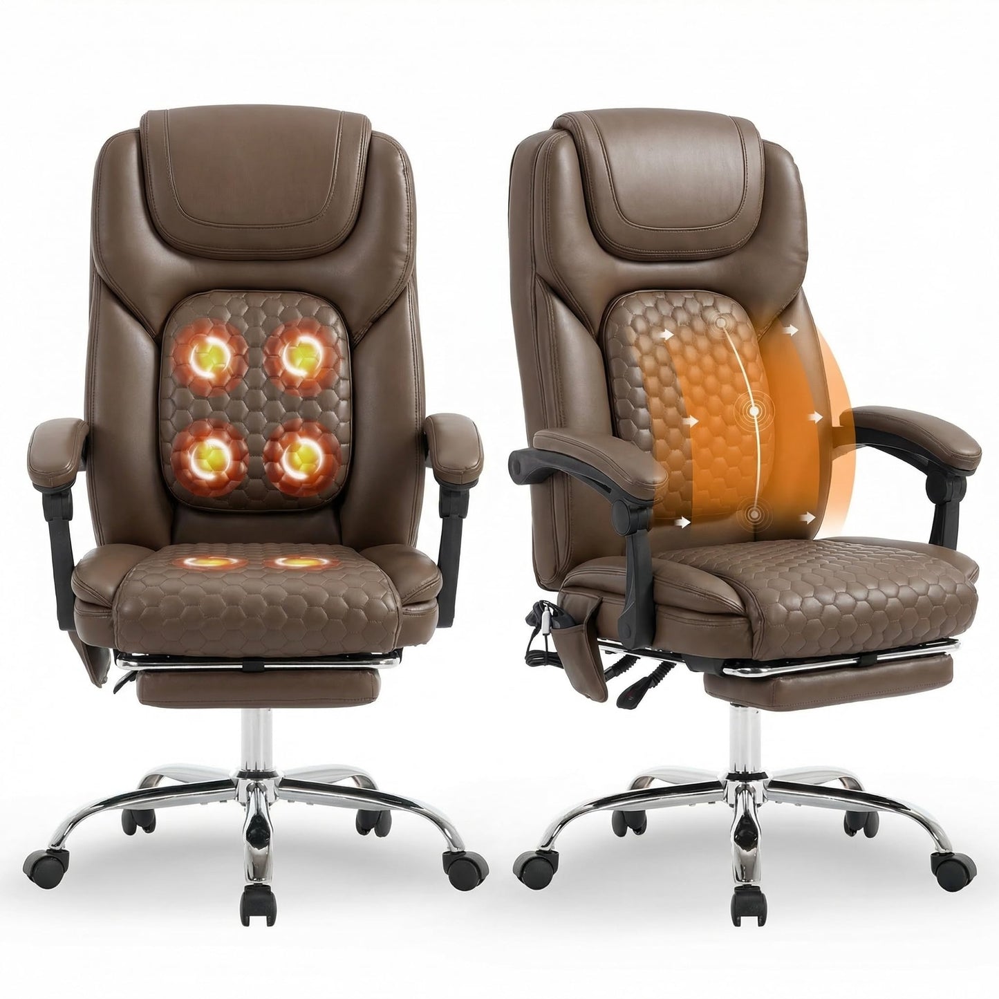 MALOL Massage Office Chair Set of 2 with 3-Level Heat and Footrest – 20-Min Easy Assembly, 300 lbs Big and Tall Desk Chair, PU Leather Ergonomic Executive Computer Chair with Side Pocket, Brown