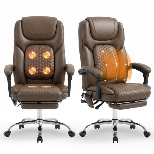 MALOL Massage Office Chair Set of 2 with 3-Level Heat and Footrest – 20-Min Easy Assembly, 300 lbs Big and Tall Desk Chair, PU Leather Ergonomic Executive Computer Chair with Side Pocket, Brown