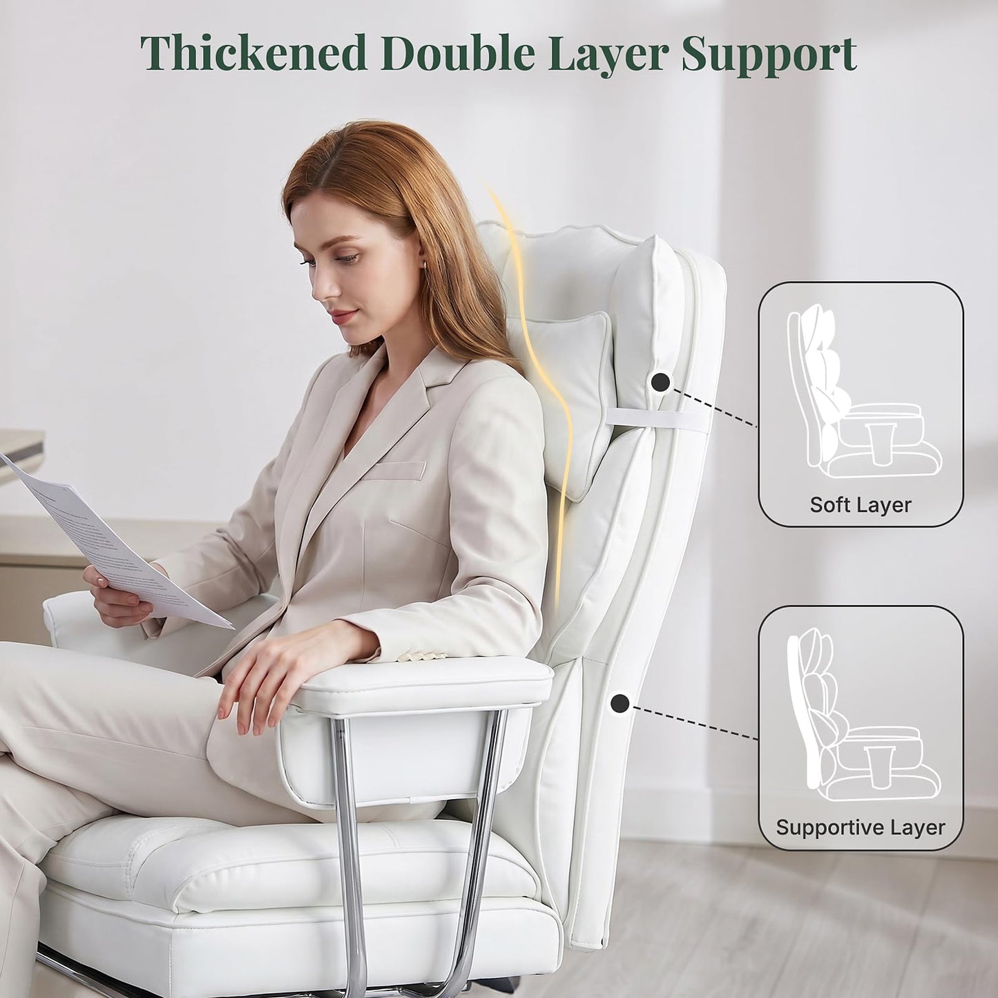 HAPPYMONT Executive Ergonomic Office Chair, PU Leather High Back Reclining Office Chair with Footrest and Lumbar Support, Height Adjustable Rolling Swivel Computer Chair for Home Office,White