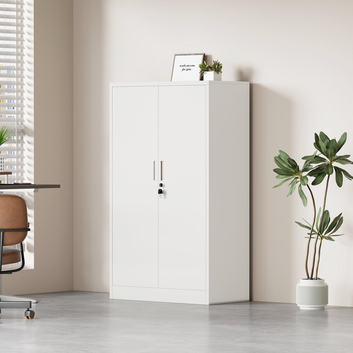 JINKUR Metal Storage Cabinet with Locking Doors and 3 Adjustable Shelves, Lockable Storage Cabinets for Home Office Garage Kitchen Pantry (White)