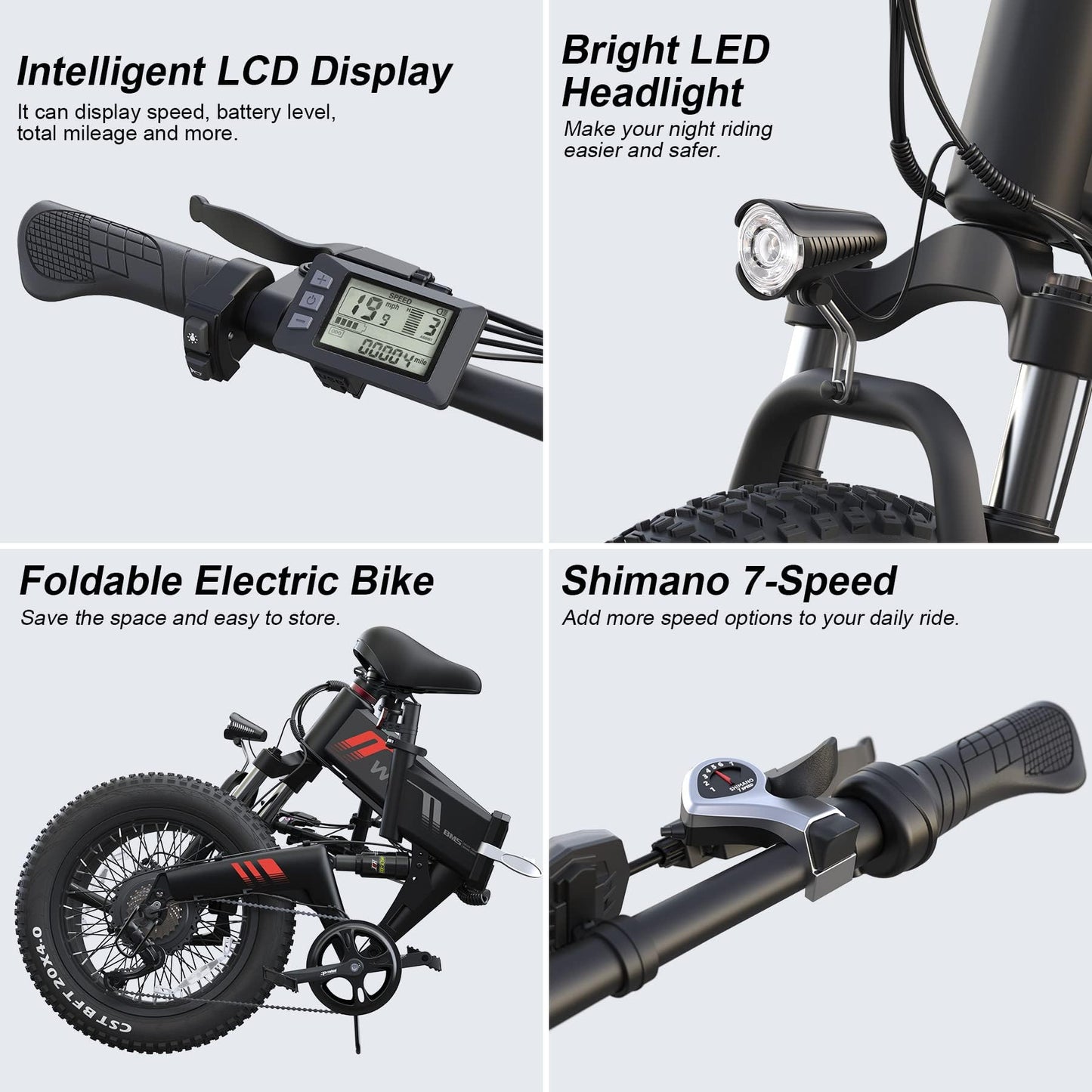 Wooken Electric Bike for Adults, 20''x4.0 Fat Tire Ebike for Adults, Peak 750W Motor Folding Electric Bicycle with 48V 10Ah Battery, 7 Speed, Full Fuspension, 20MPH Ebike for Mountain Beach Snow