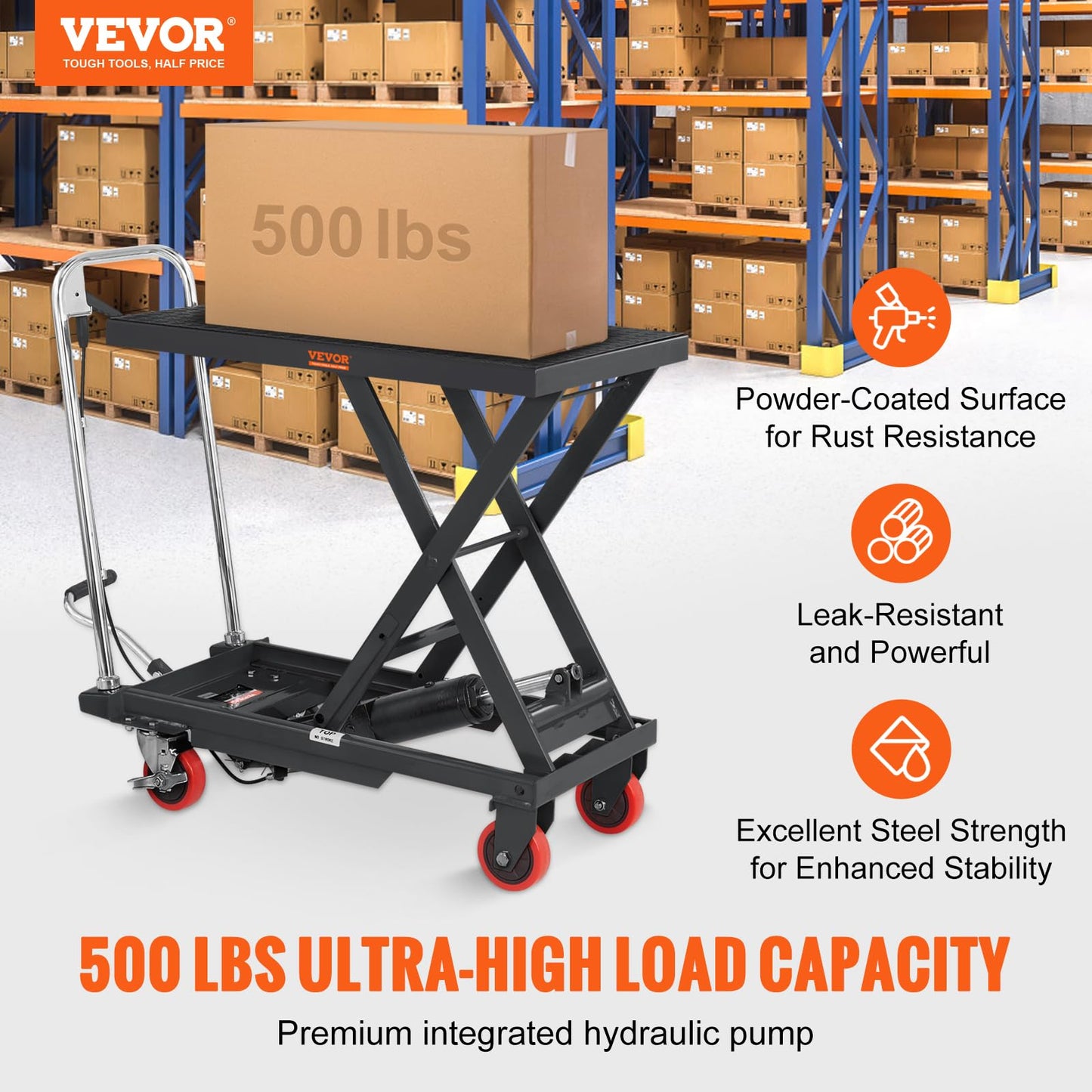 VEVOR TF23 Hydraulic Lift Table Cart, 500lbs Capacity 28.5" with 4 Wheels and Non-Slip Pad, for Material Handling and Transportation, Black