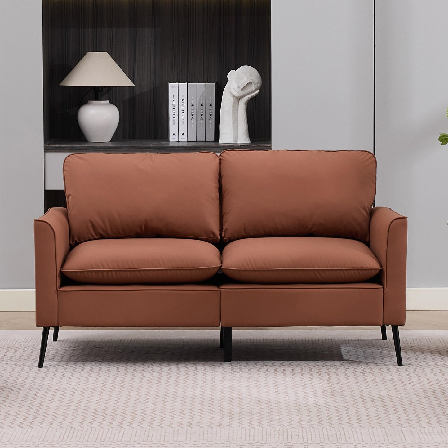 KEIKI Faux Leather Loveseat, Mid Century Modern Comfy Sofa Couch, Mini Deep Seat 2-Seater Settee Loveseat Couches for Office Living Room Bedroom Apartment Dorm Small Space, Brown