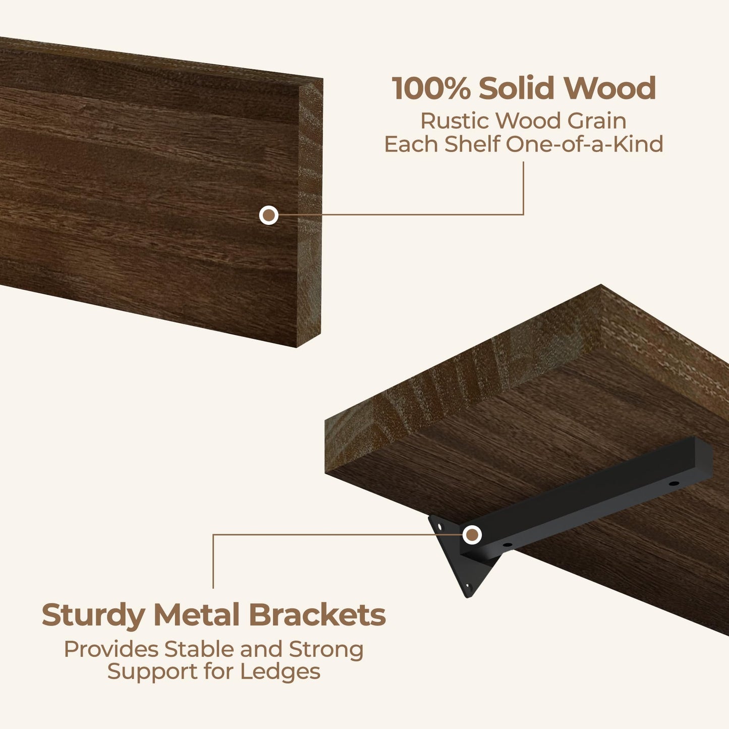 ONOTETUT 60 Inch Long Wall Shelves,Long Floating Shelf for Wall Set of 3,Walnut Large Wall Mounted Shelves with Metal Brackets,Farmhouse Bookshelf Shelves for Office