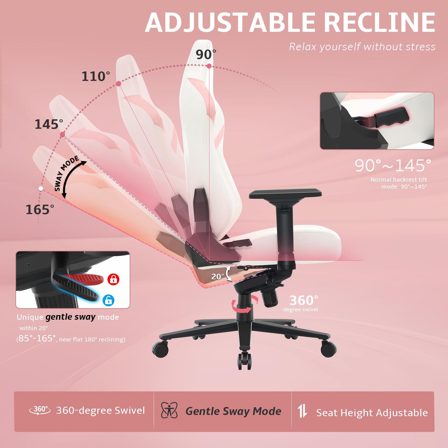 Wyrdforging Ergonomic Gaming Chair, Computer Desk Chairs, 4D Armrests, High Back Office Chair with Headrest & Lumbar Pillow, Tilt Rocker Recliner, Heavy-Duty Base, White PU Leather & Pink Suede Comb
