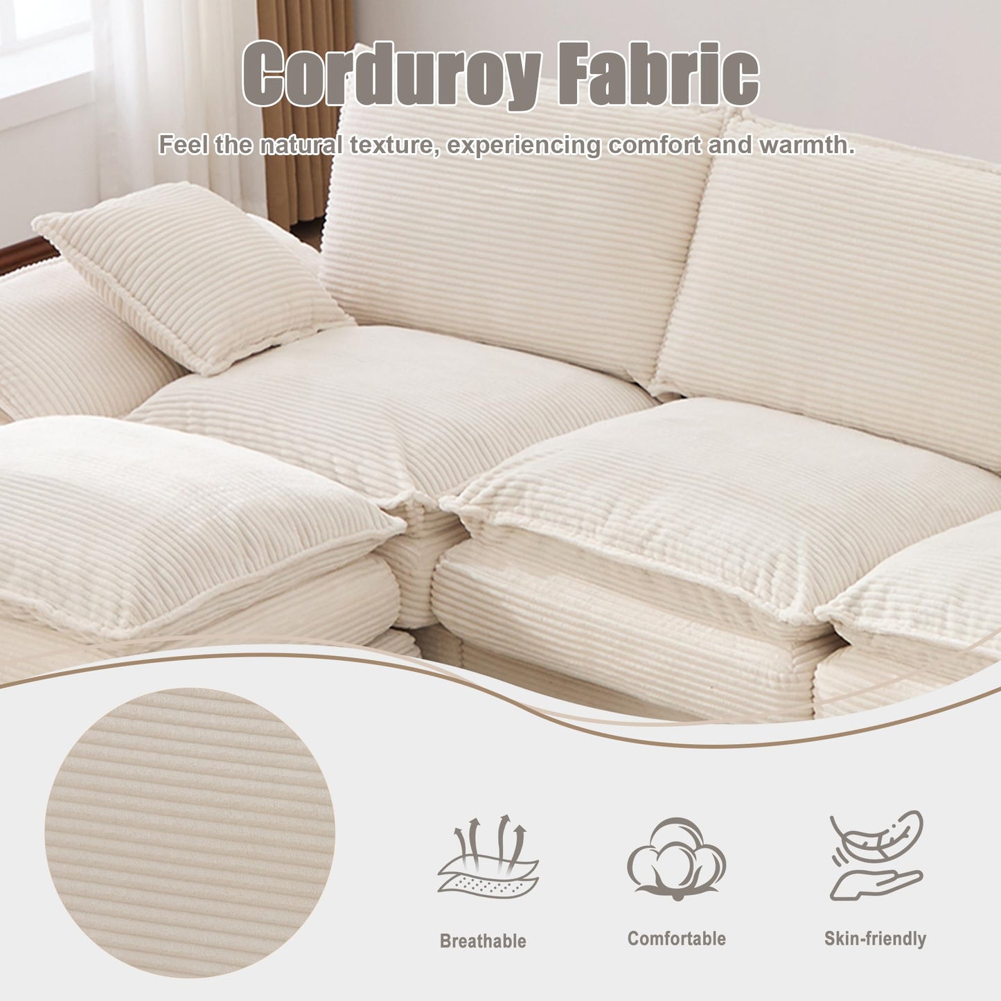 102" Oversized Cloud Modular Sectional Sofa with Movable Ottoman, Free Combination Convertible L Shaped Corner Couch Sets,Comfy Corduroy Upholstered Beige Sofa & Couch for Living Room