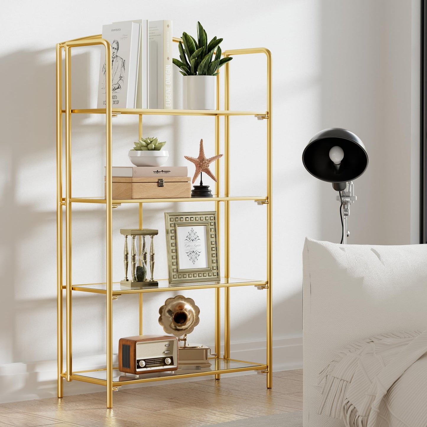 Crofy 4-Tier Wider Foldable Bookshelf, Gold Frame & Transparent Shelves