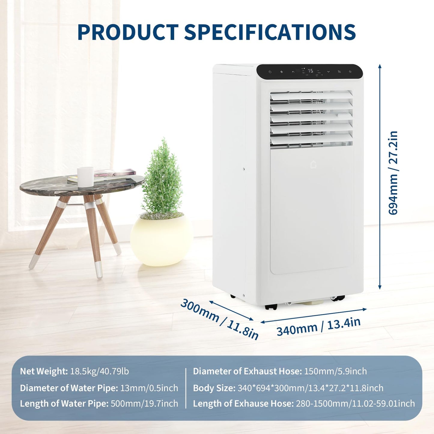 8000 BTU Portable Air Conditioner, Cools Up to 350 Sq.ft. Quiet AC Unit with Remote, 3-in-1 Dehumidifier Fan Sleep Mode 24H Timer, Easy Install Window Kit, for Home,White+White Panel