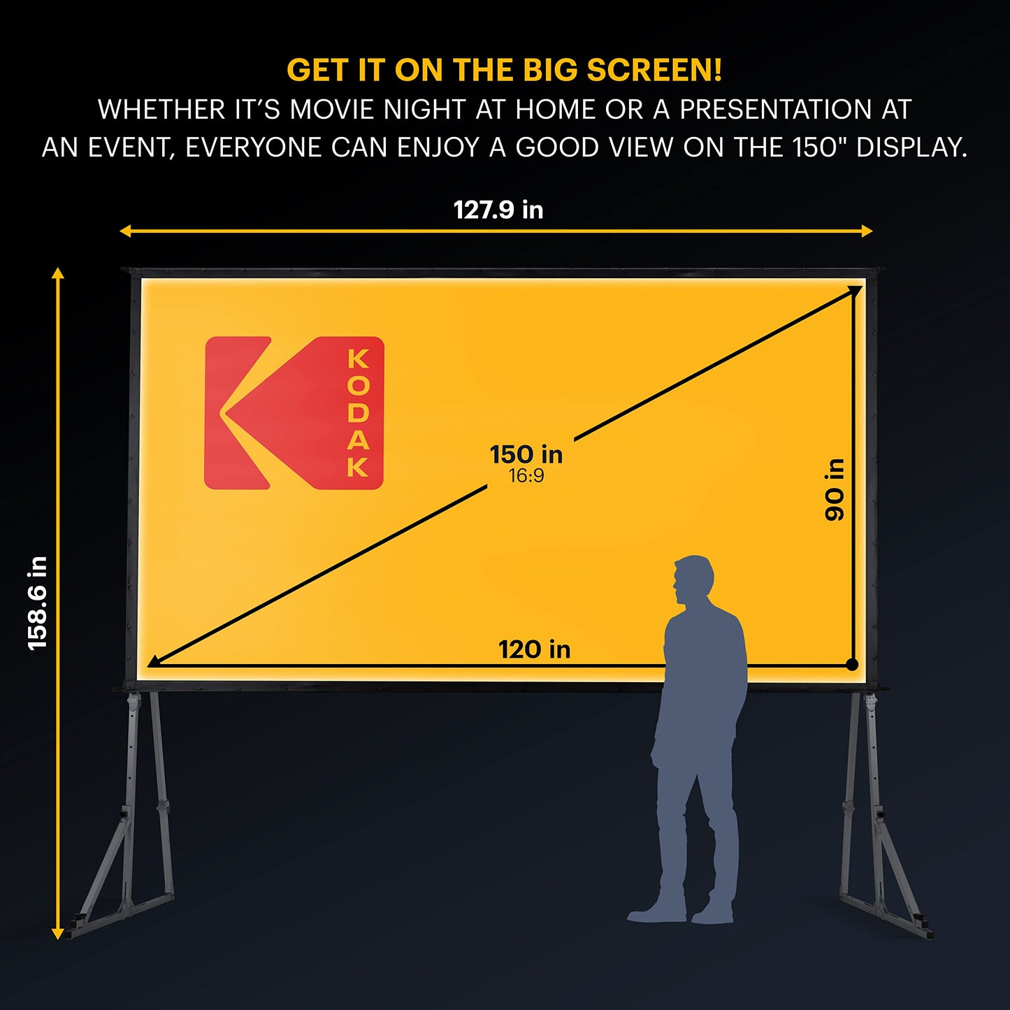 Kodak 150” Portable Projector Screen W/Stand - Fast Fold White Projection Backdrop for Outdoor & Indoor Movies with Tripod, Outdoor Stability Kit, & Black Storage Carry Case
