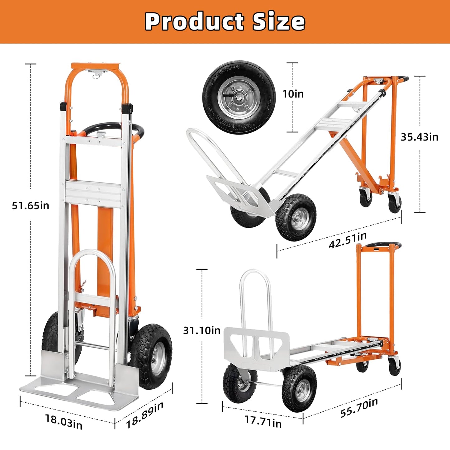 Aluminum 4 in 1 Convertible Hand Truck Dolly, 1000Lbs Capacity, Heavy Duty Folding Hand Truck Dolly Cart with Wheels 10" All-Terrain Tires, Hand Trucks for Logistics, Moving Home, Shopping, Office