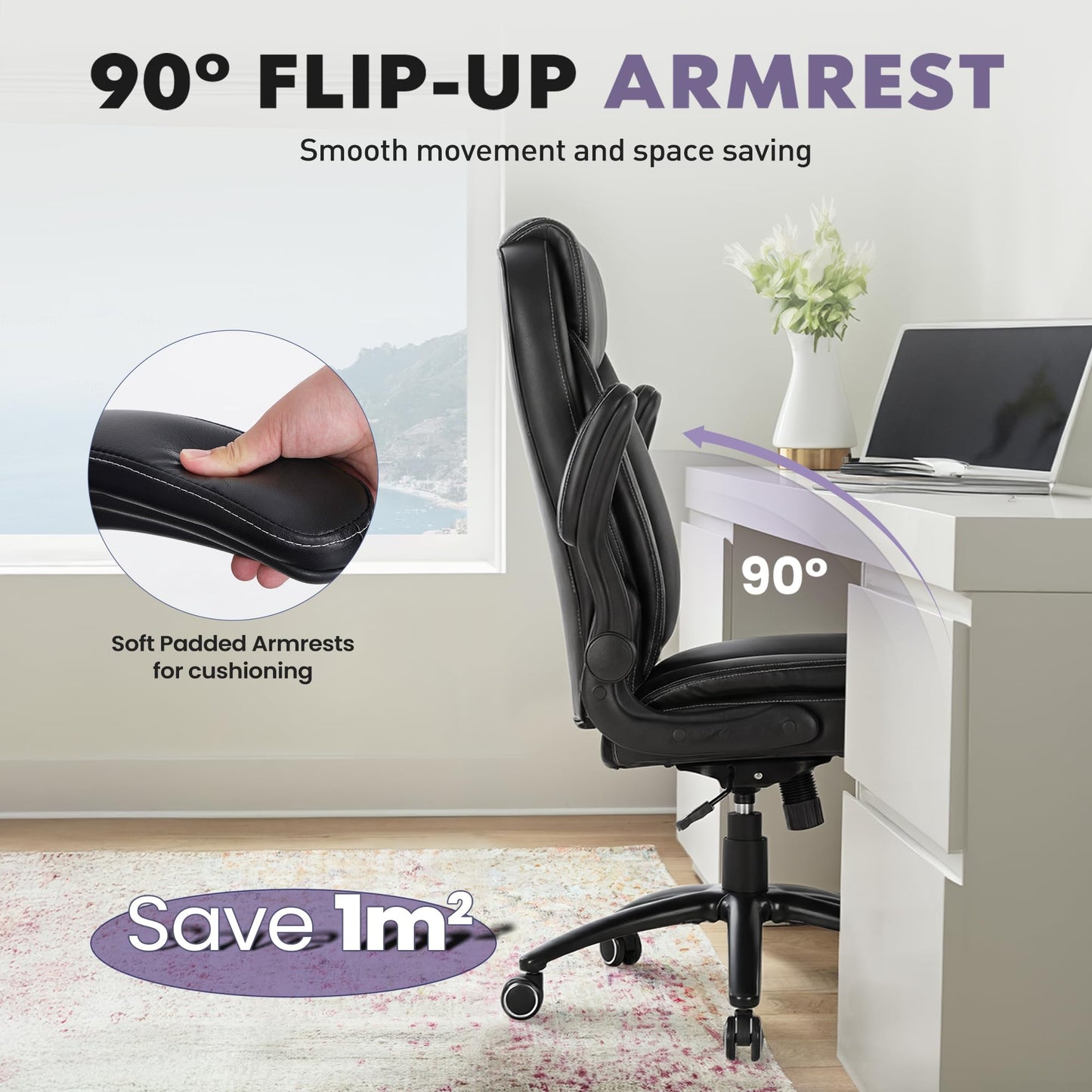 MALOL 400lbs Capacity Executive Desk Chair Set of 2 with Ergonomic Lumbar Support, Flip-up Arms & High Back Leather Computer Chair for Home/Office, Black