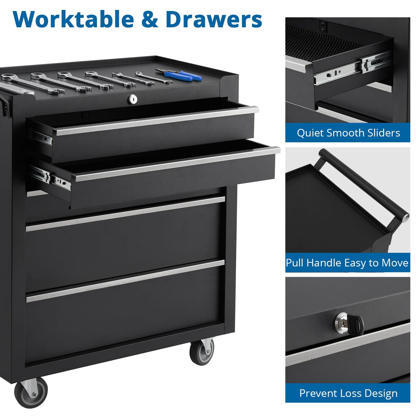 5-Drawers Rolling Tool Chest, Tool Storage Cabinet Organizer with Wheels and Lock System, Portable Toolbox Cart for Garage, Warehouse, Workshop & Repair Shop