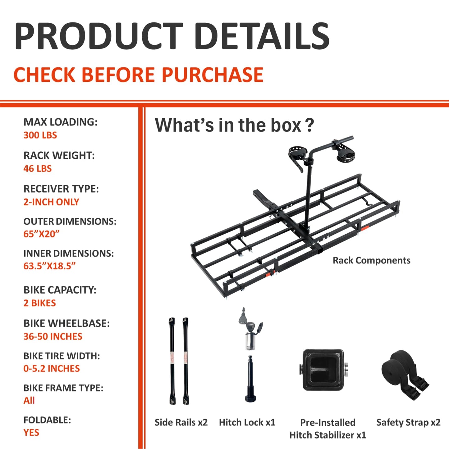 Bike Rack for Car Hitch 2-Bike - 300 lbs Capacity for 2 Ebike/Fat-Tire, Fits 2" Receiver for SUV/Truck/RV/Van, Platform Style