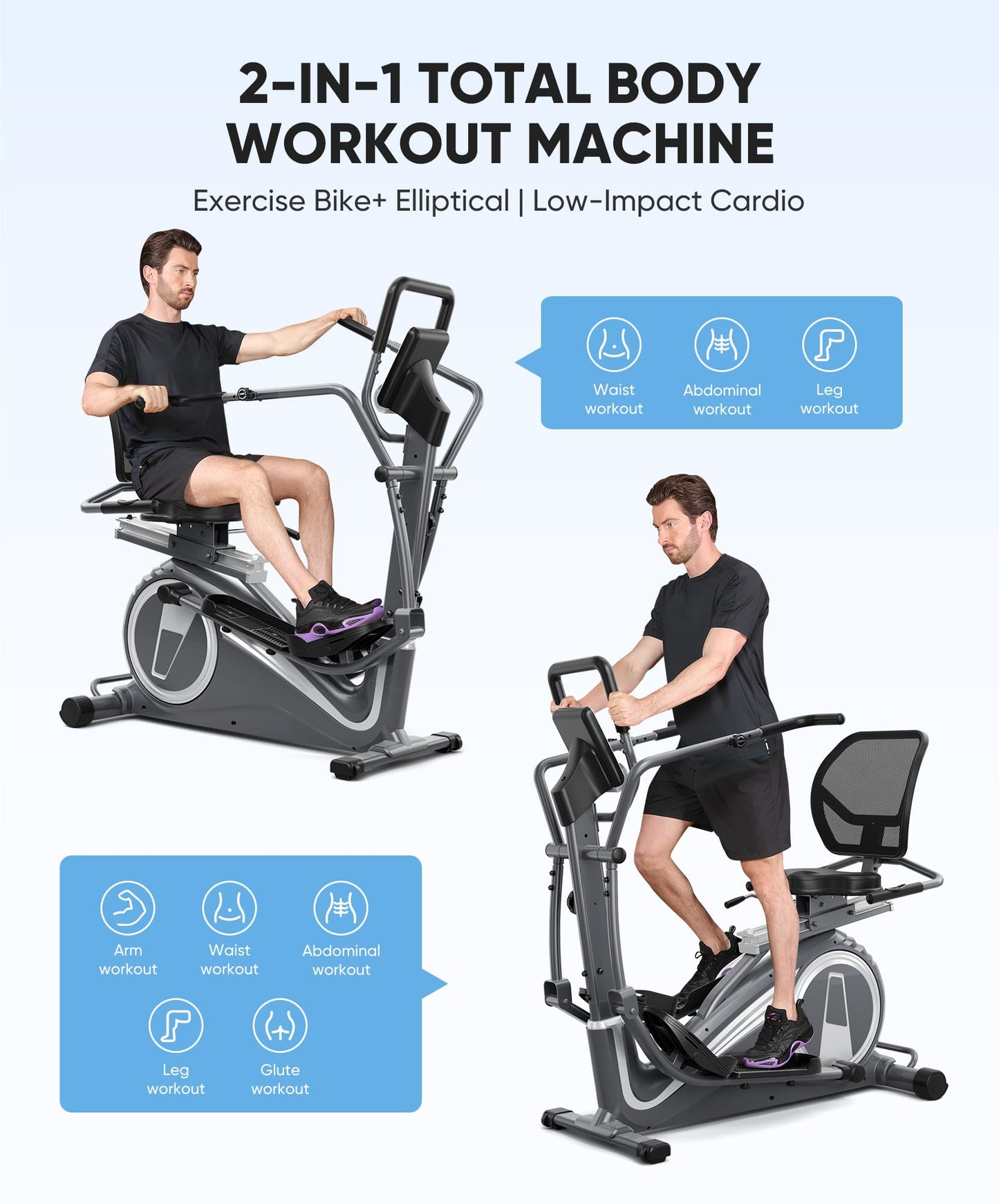 Dripex Recumbent Exercise Bike for Home, 2-in-1 Recumbent Stationary Bikes for Seniors Adults Elliptical Machine for home, 15.8" Stride, Adjustable Seat, Pulse Sensors, Supports 330LBS (Grey)