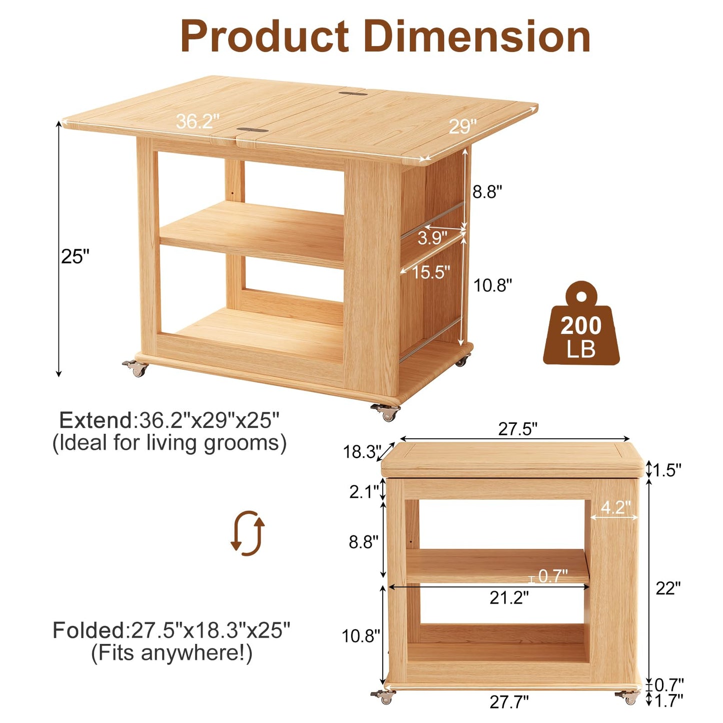 YQJJGL Expandable Coffee Table with Hidden Storage and Wheels, Convertible Wood Center Table with 2-Tier Adjustable Shelves, Rolling Coffee Table for Living Room, Small Spaces,Natural