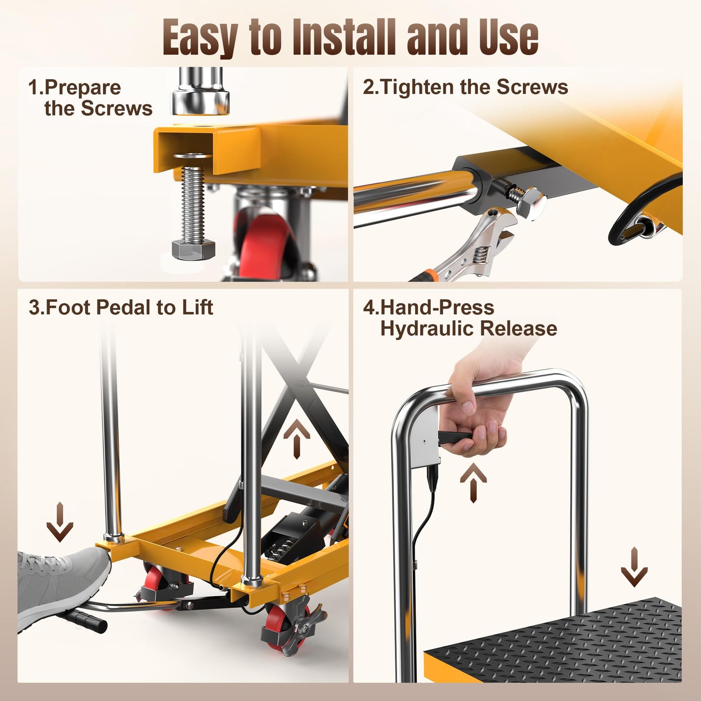 Tera Hydraulic Lift Table Cart: 330lbs Single Scissor 8.3"-28.5" Lift Range