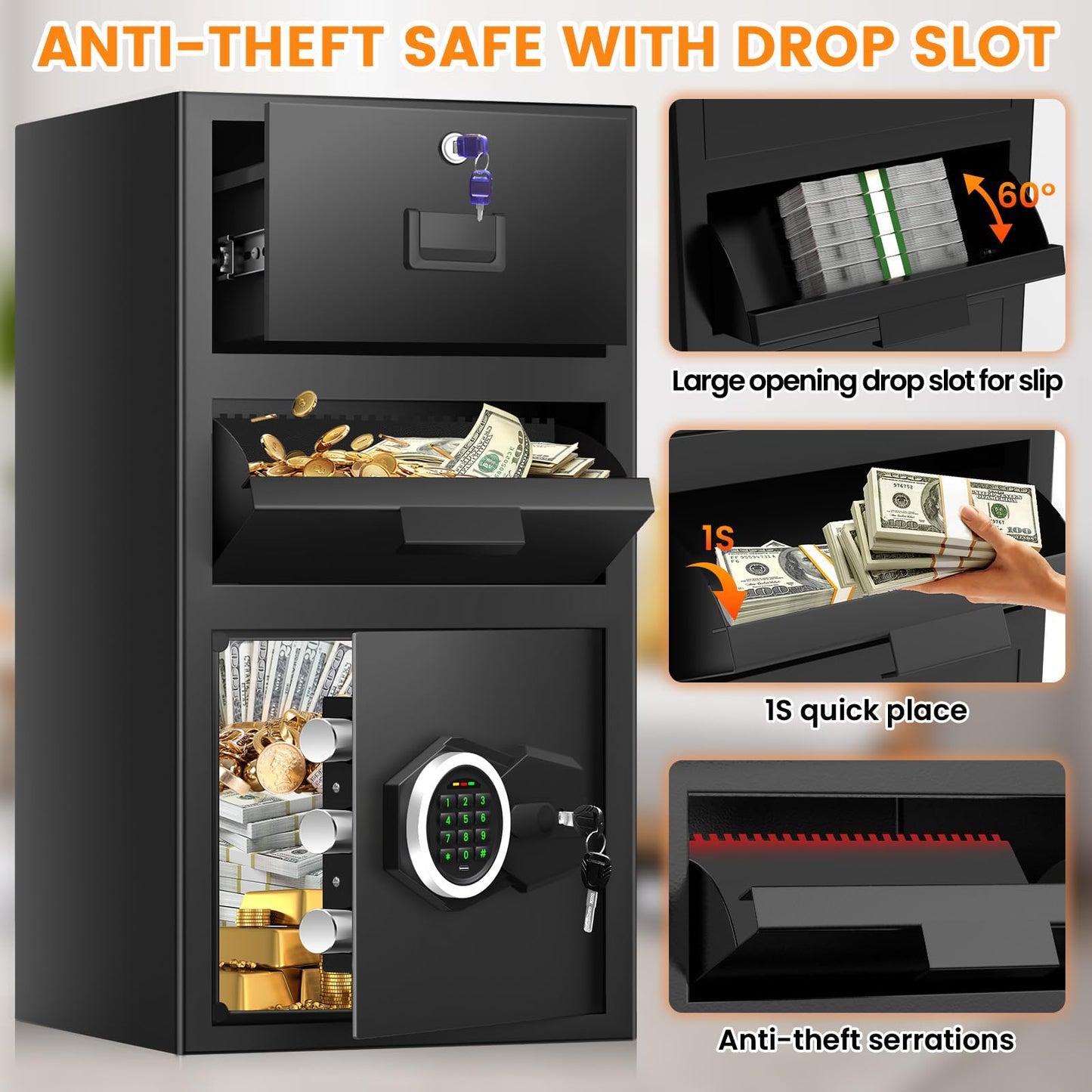 5.6 Cuft Large Drop Safe Box for Business, Anti-theft Money Safe with Quick Place Drop Slot, Digital Keypad, Spare Key, Heavy-duty Cash Depository Safes for Commercial Business Bars Retail Office Home
