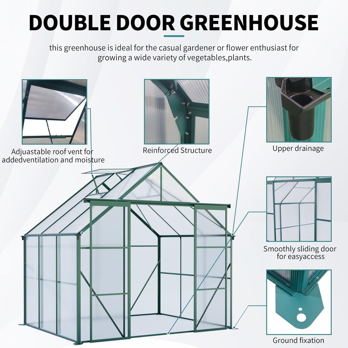 KEIKI 8x6 FT Double Door Polycarbonate Greenhouse with Aluminum Frame,Raised Base and Roof Vent,Walk-in Greenhouses for Patio Garden Backyard