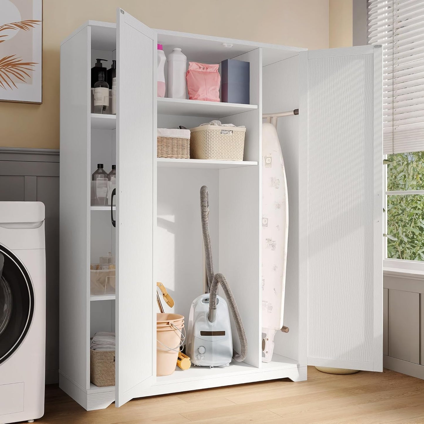 DWVO Broom Closet Storage Cabinet, Wooden Organizer for Ironing Board and Bucket Vacuum Cleaners, Double-Door Cleaning Cabinet for Laundry Rooms and Utility Spaces