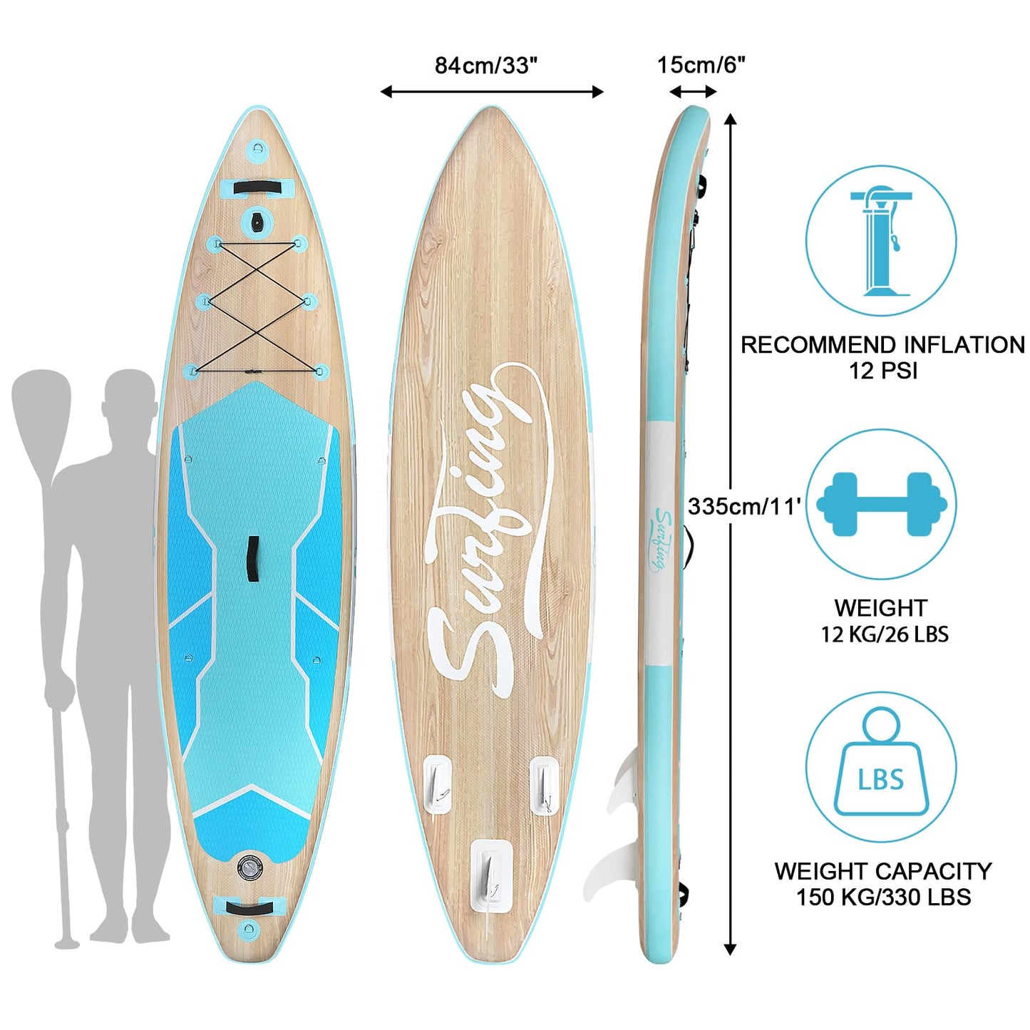 YUSING Inflatable Paddle Board, 11' x 33'' x 6" Extra Large SUP, Paddle Boards for Adults, Non-Slip Deck SUP Paddle Board SUP Accessories,3 Removable Fins (Green Wood)