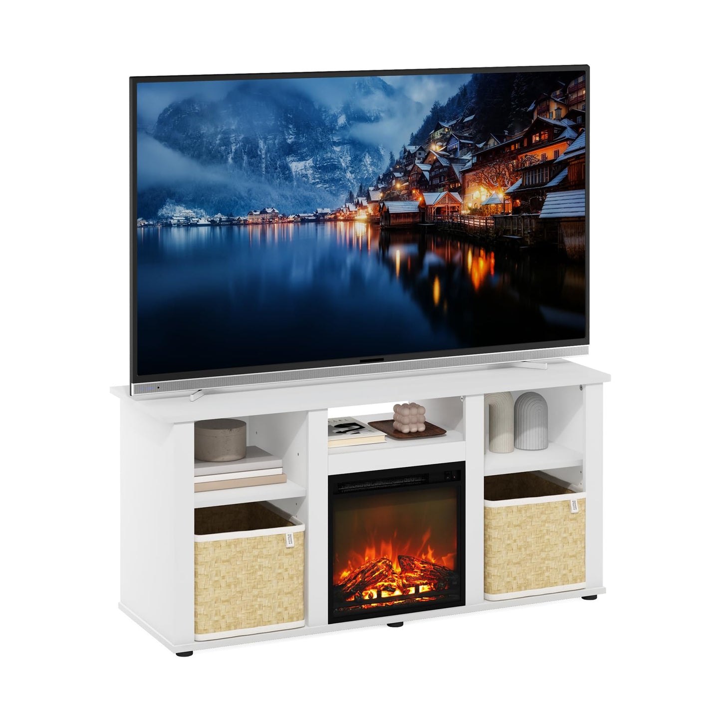 Furinno Jensen Fireplace TV Stand for TV up to 55 Inch, White Entertainment Center, TV Console with Fireplace and Open Storage, for Living Room, Bedroom, Plain White