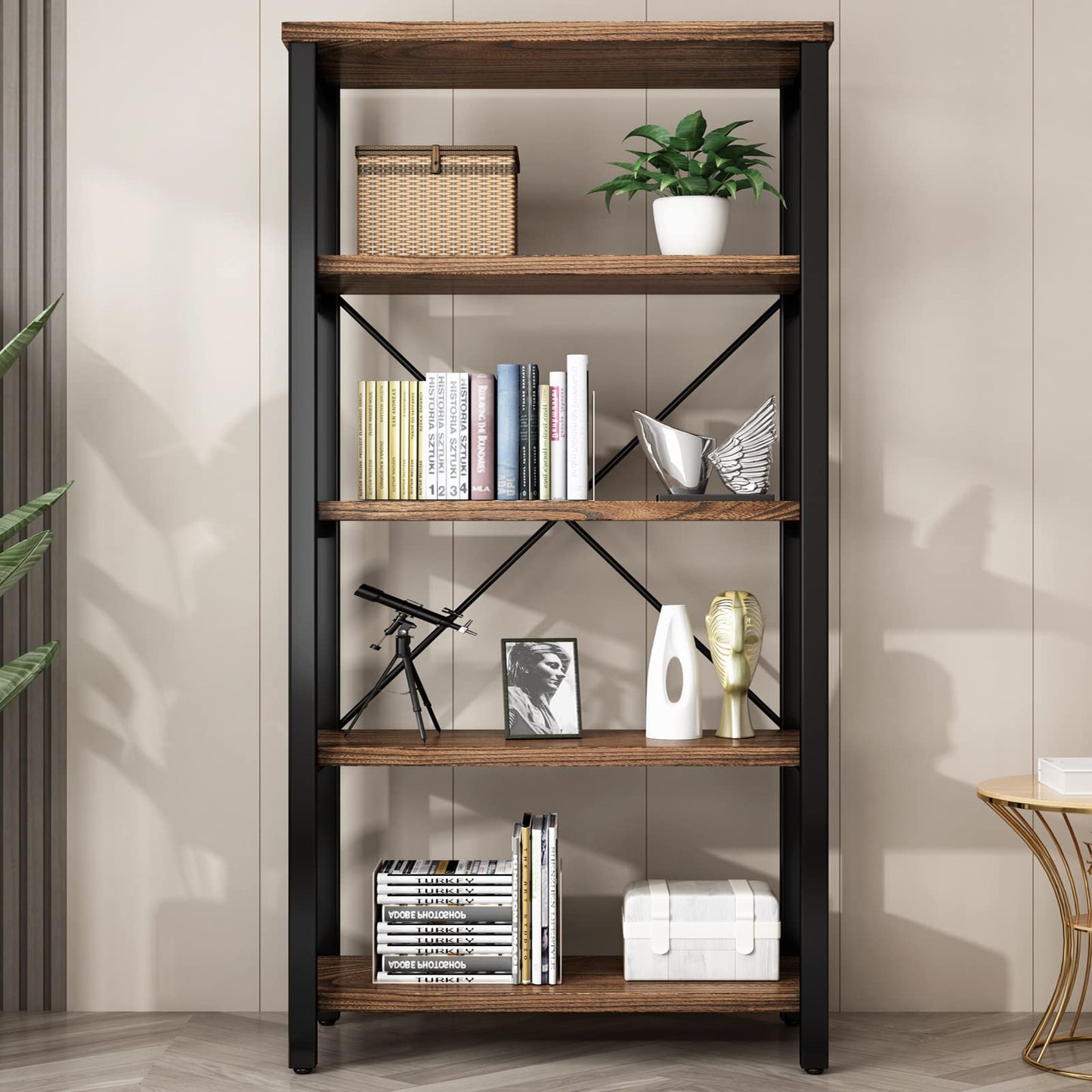 AY-AOYUAN 5 Tier Industrial Solid Wood Bookshelf, Open Etagere Bookcase with Metal Frame, Vintage Industrial Style Bookcase/Metal and Wood Bookshelf Furniture (AY01-5tier)