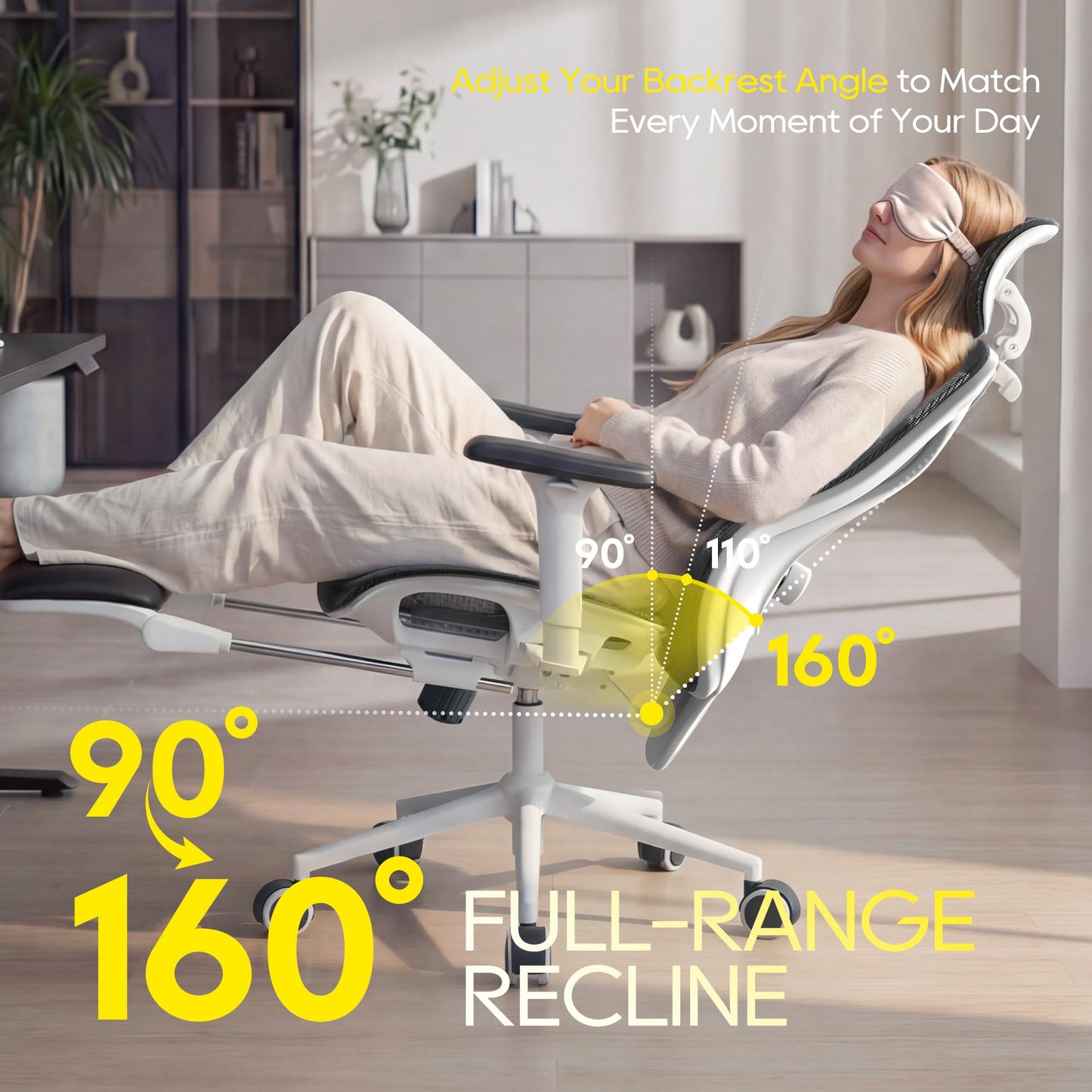 CYKOV Ergonomic Office Chair with Footrest - Adjustable Lumbar Support & Headrest, 90-160° Reclining Mesh Back Computer Chair - Home Office/Gaming, 350lbs Capacity (W-Black, Mesh)