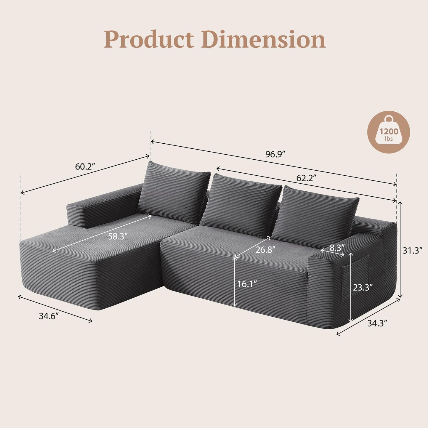 Yafylly 96.9 Inch Boneless L-Shaped Sectional Sofa, No Assembly Compressed Modular Couch with Memory Foam Deep Seat, Throw Pillow & Side Pockets for Living Room, Bedroom, Apartment, Grey Left