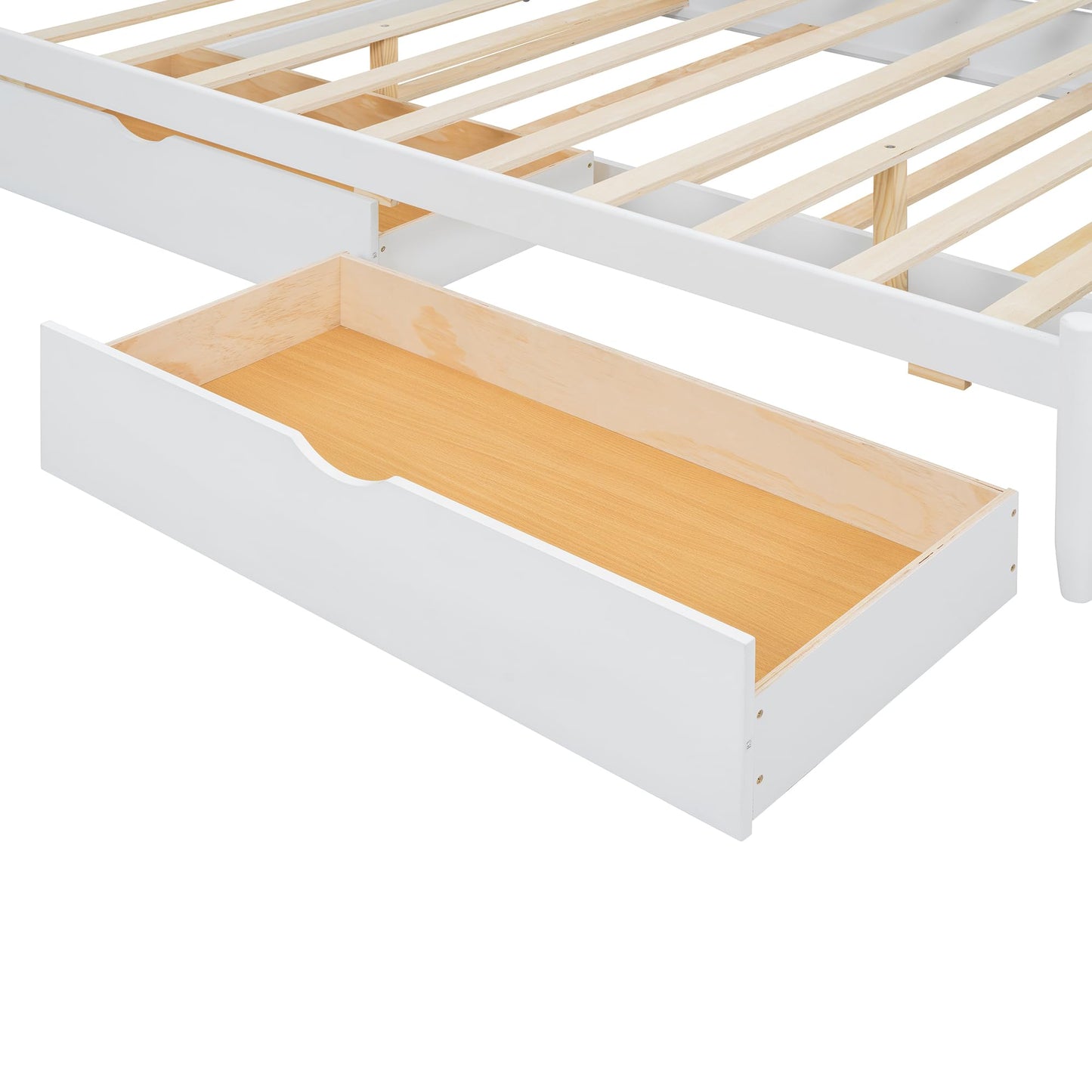 Merax Queen Size Platform Bed with 2 Storage Drawers and Twin XL Size Trundle, Rustic Design Wooden Bed Frame, White