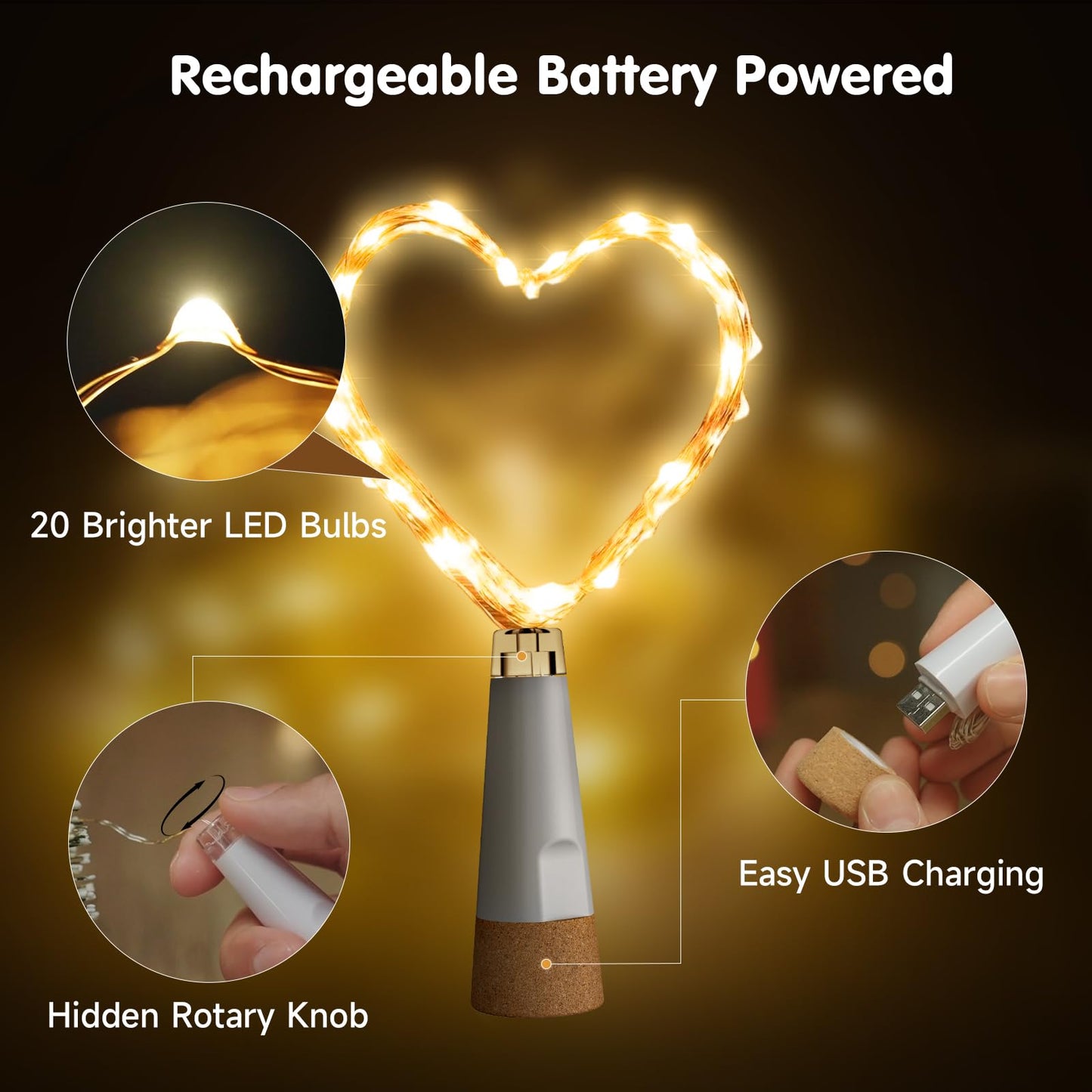 Ceepko USB Bottle Lights, Rechargeable Cork LED String Lights, 20 LEDs, 2 Pack, Cool White, Model: BOTTLE_LIGHT001