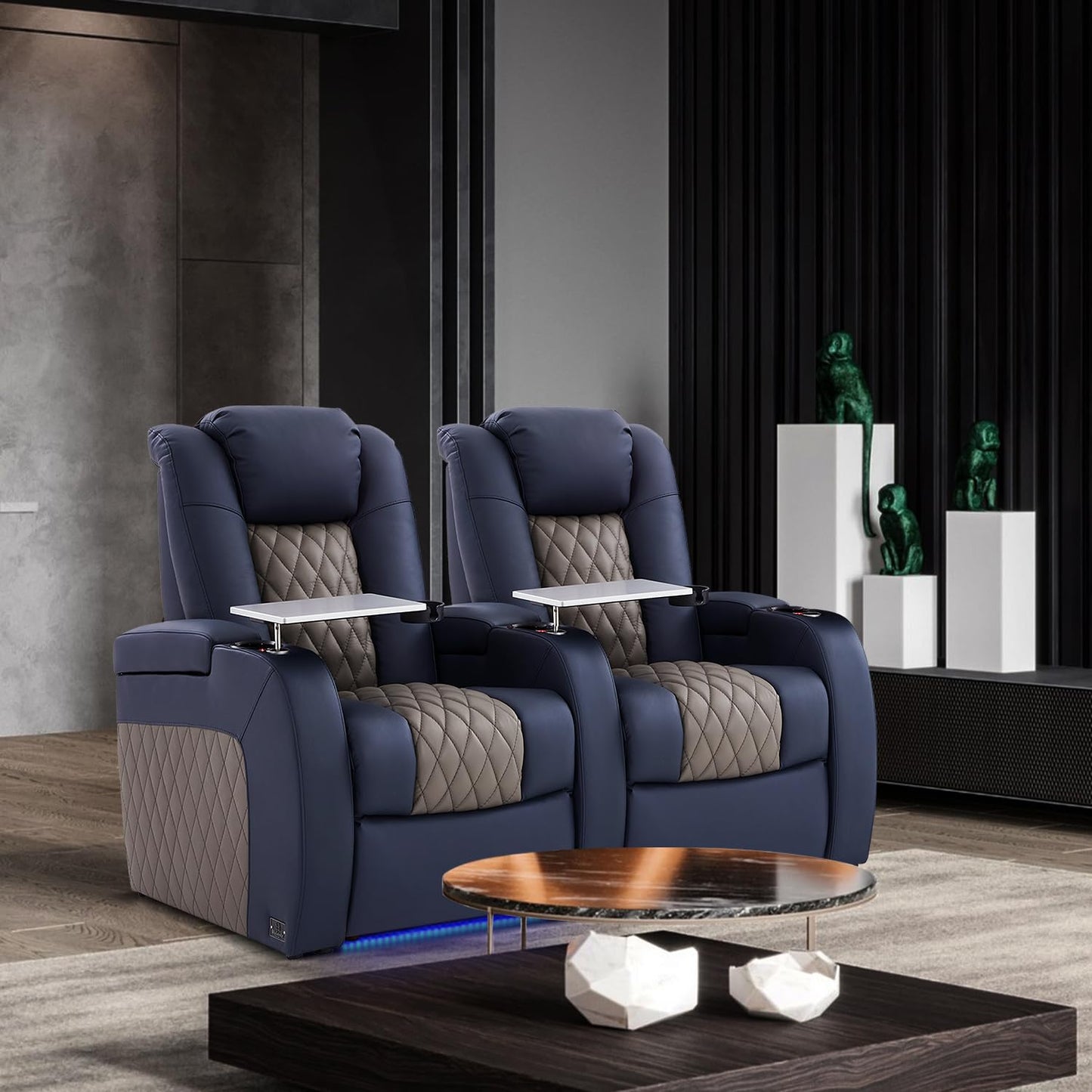 Weilianda Home Theater Seating, Top Grain Leather Zero Gravity Recliner Chair, Power Headrest Recline Movie Seat Gaming 7 Colors Mood Light Sofa with Tray Table Row of 1 Blue Grey