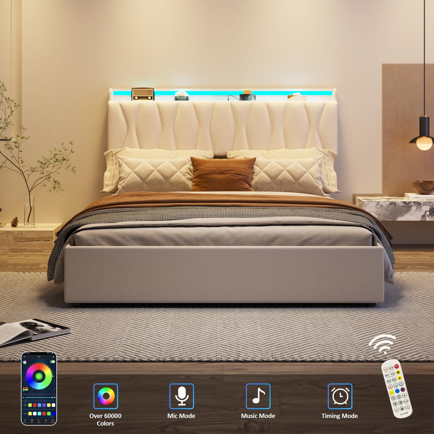 Fameill Queen Size Lift Up Storage Bed Frame with Adjustable Headboard, Charging Station, LED Lights, Wood Slats, Noise-Free, No Box Spring Needed, Beige