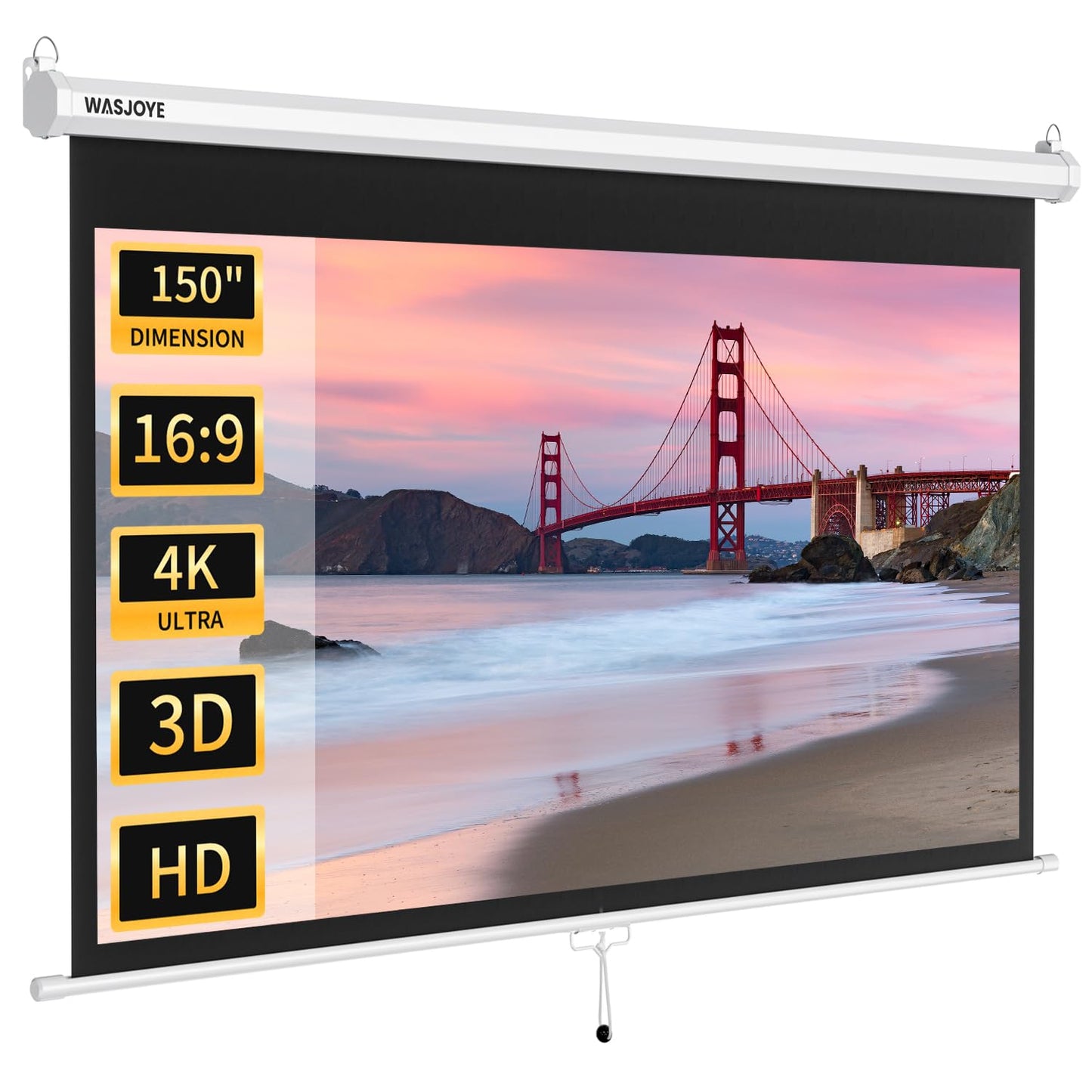150'' Projector Screen Manual Pull Down - 16:9 HD Retractable Projection Screen with Auto Locking - 4K Projector Screen Anti-Crease for Home Theater Cinema Office Education Presentation