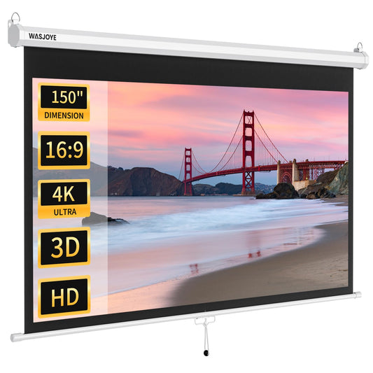 150'' Projector Screen Manual Pull Down - 16:9 HD Retractable Projection Screen with Auto Locking - 4K Projector Screen Anti-Crease for Home Theater Cinema Office Education Presentation