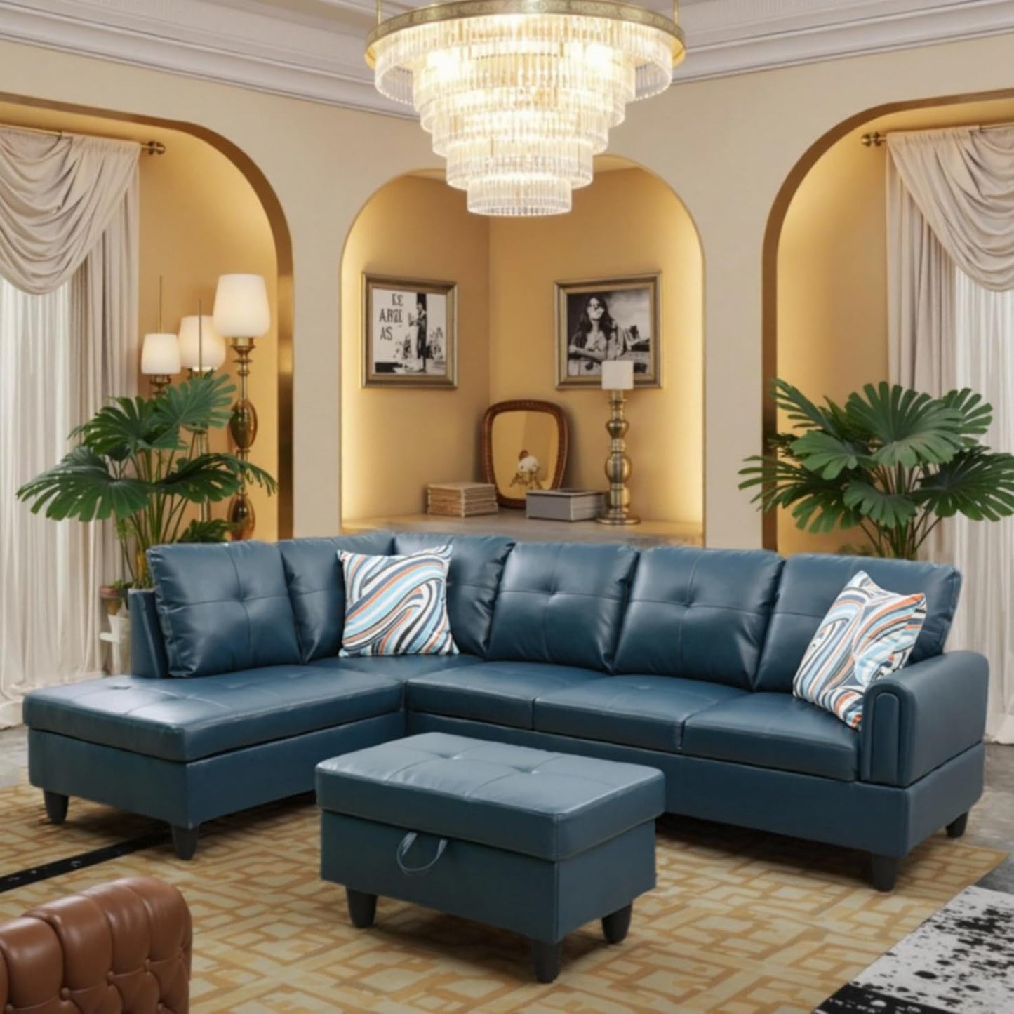 Trygoal 97" L Shaped Couch Sectional Couches with Chaise and Storage Ottoman, 3 Pieces Modular Convertible Sofa for Living Room Furniture Sets and Small Apartment Faux Leather, Grey Blue