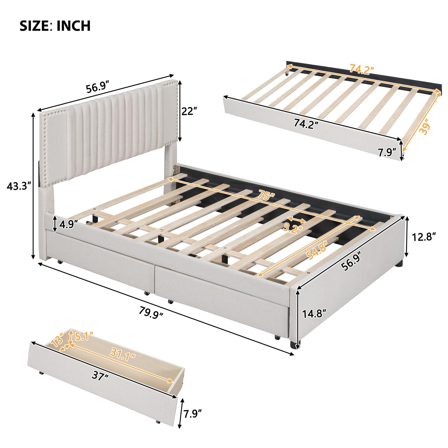 DNYN Full Size Upholstered Platform Bed with Trundle(Twin) & 2 Drawers for Kids Bedroom,Wooden Linen Fabric Bedframe w/Storage & Classic Heardboard,No Box Spring Needed, Beige