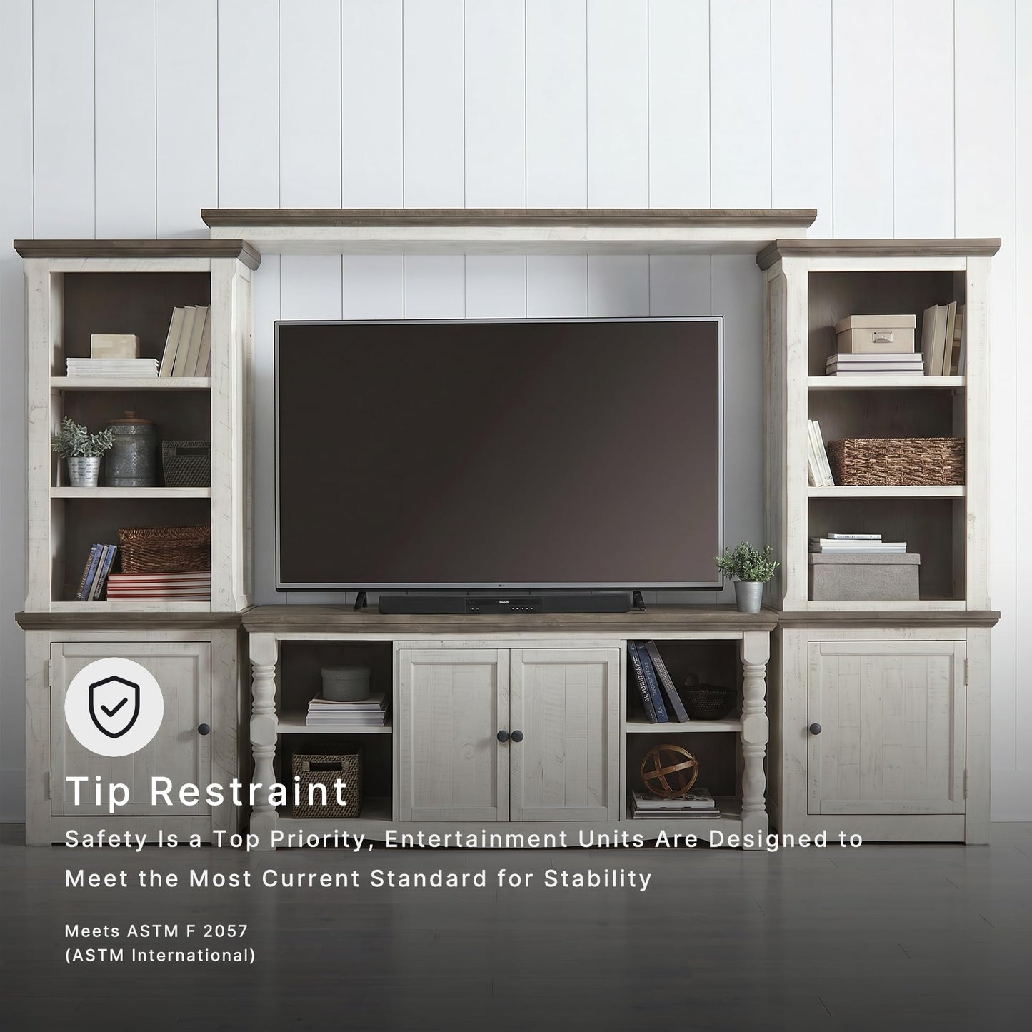 Signature Design by Ashley Havalance 4-Piece Entertainment Center, Wall Unit TV Stand with Shelves, Pine Wood, Pine Veneer and Engineered Wood Construction for Living Rooms, White & Gray