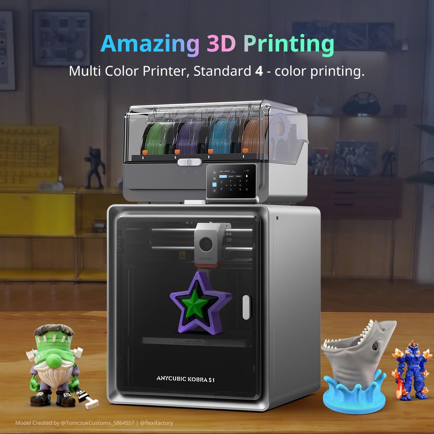 Anycubic Kobra S1 ACE 2 Pro Combo Multicolor 3D Printer, FDM 3D Printer Enclosed with ACE 2 Pro Filament Dryer Box, 4 Colors Auto-Feed, High Speed 3D Printers for Kids Beginners Family Professional
