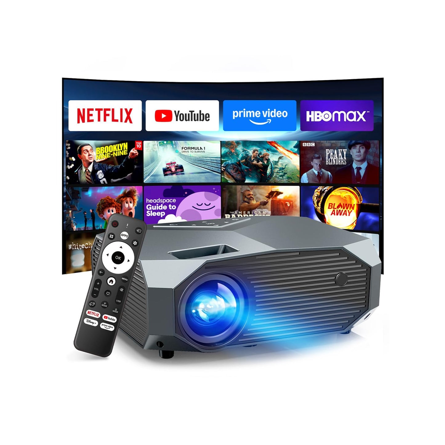 [Compatible with Netflix/High Brightness] Smart Projector with WiFi 6 and Bluetooth 5.3, 4K Outdoor Movie Projector with Prime Video/YouTube, Portable Proyector Compatible with HDMI/USB/iOS/Android