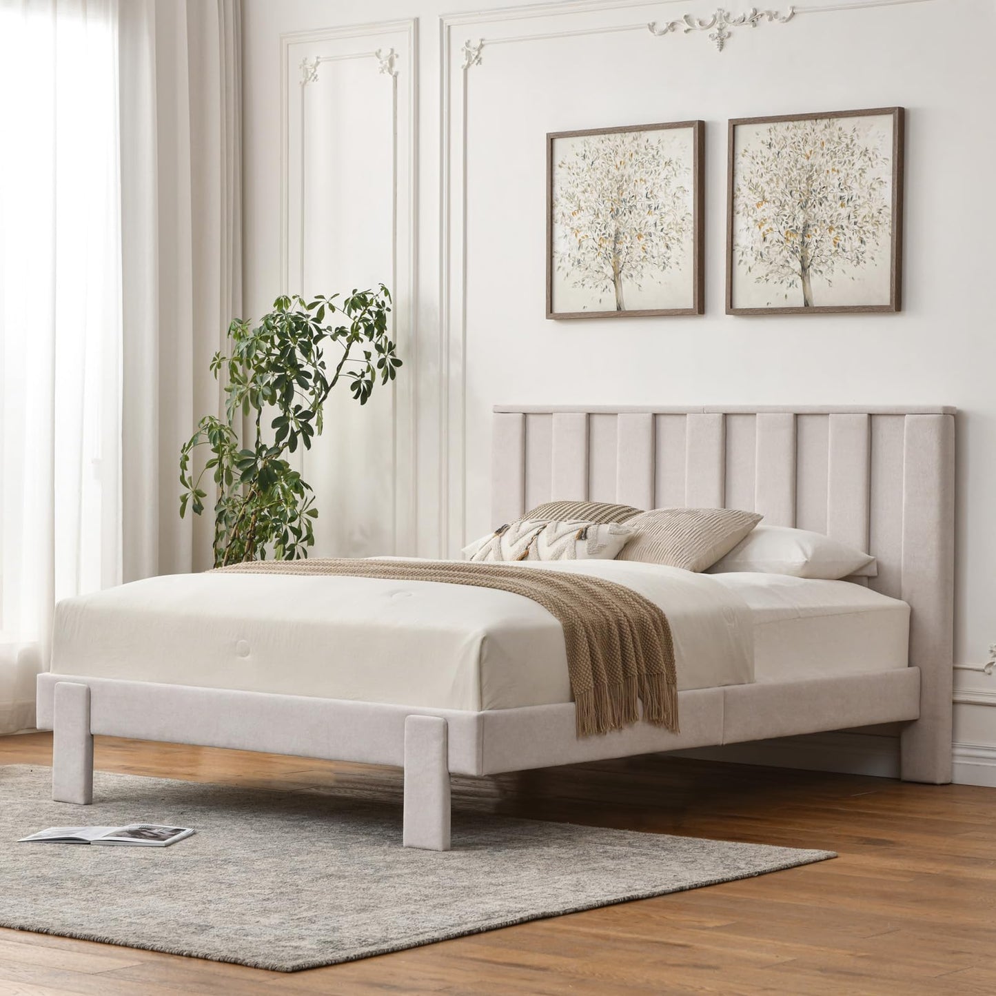 PINJU Sturdy Upholstered Platform Bed Frame with Vertical Channel Tufted Headboard, No Box Spring Needed, Easy Assembly, Noise-Free Bed Frame for Bedroom (Cream, Full)