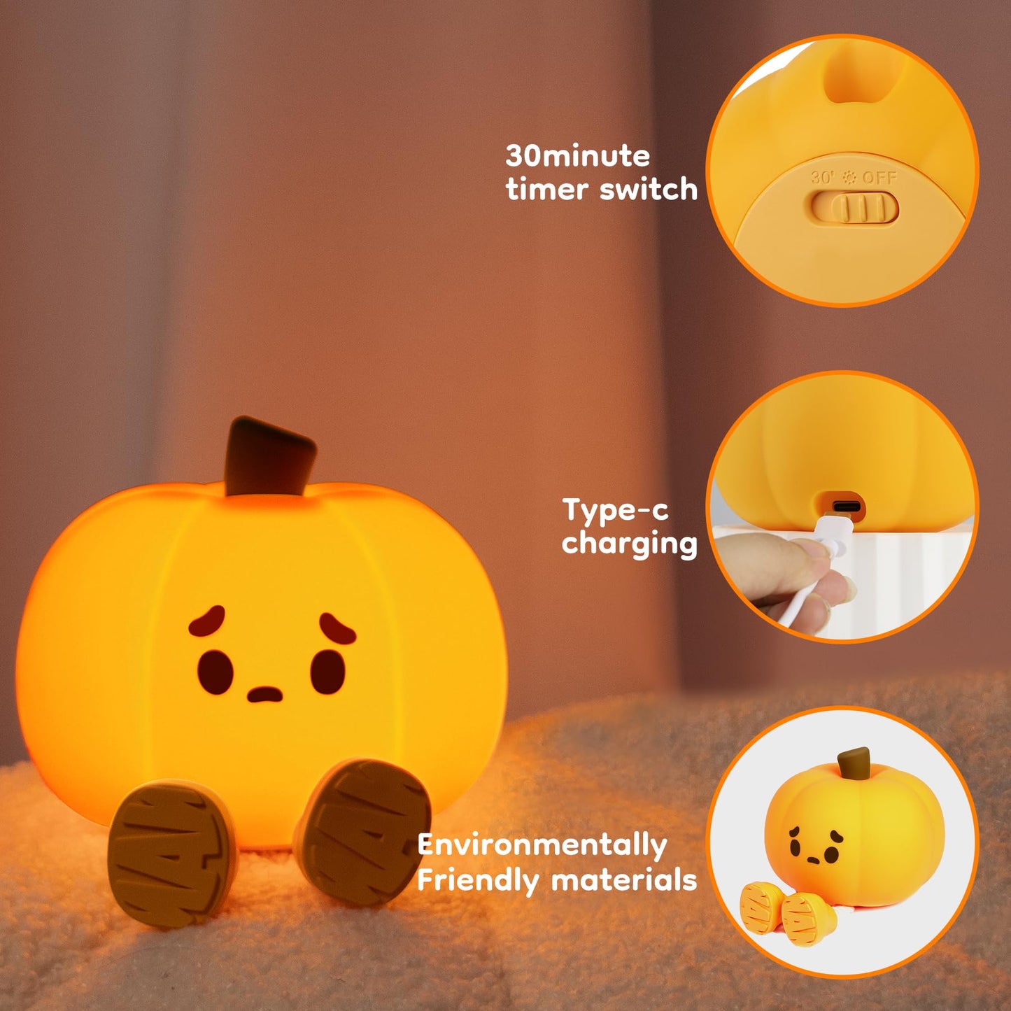 EEKEDO Pumpkin Silicone Night Light - Colorful, Dimmable, Rechargeable, 2 Pack - Orange